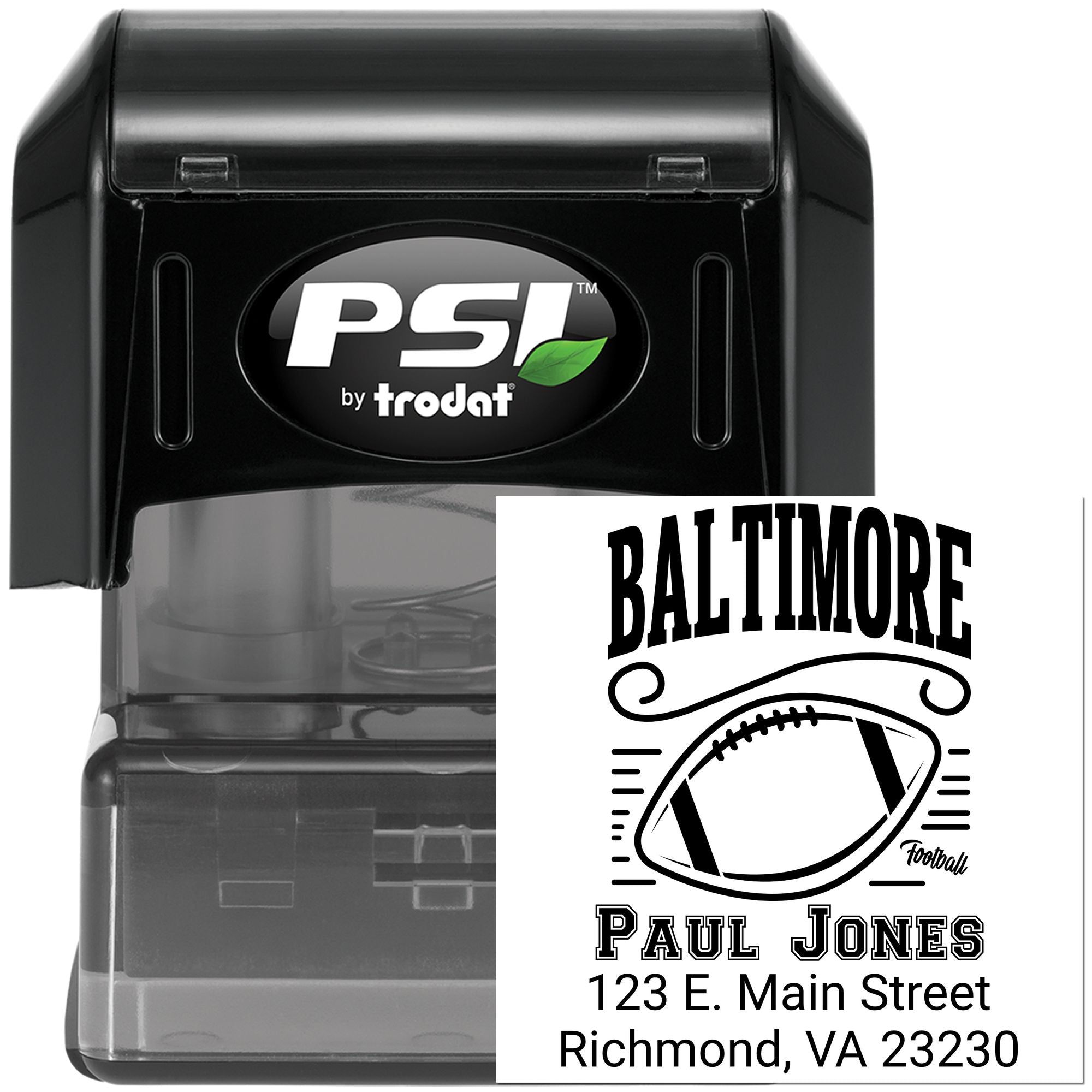 PSI by Trodat self-inking rubber stamp with custom Baltimore football design, name, and address imprint.