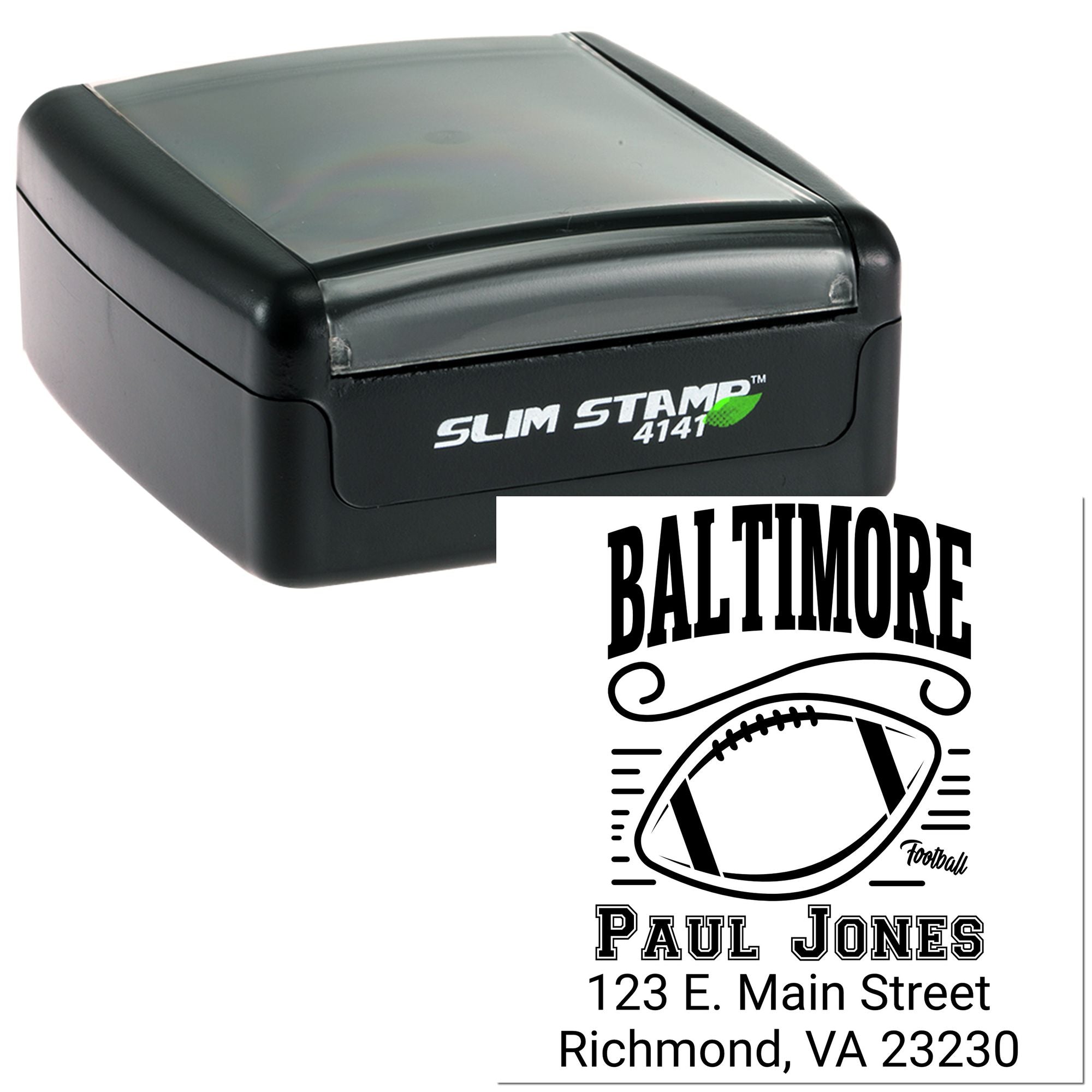 Custom self-inking rubber stamp with Baltimore football design, Paul Jones name, and Richmond, VA address.