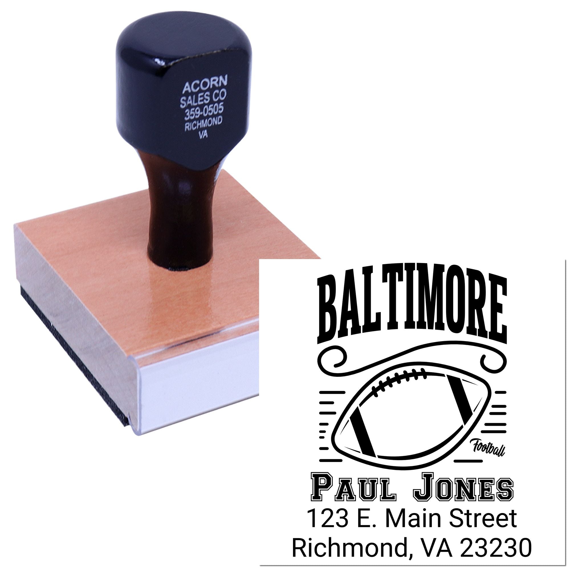 Custom Baltimore football address rubber stamp with Paul Jones return address and football design.