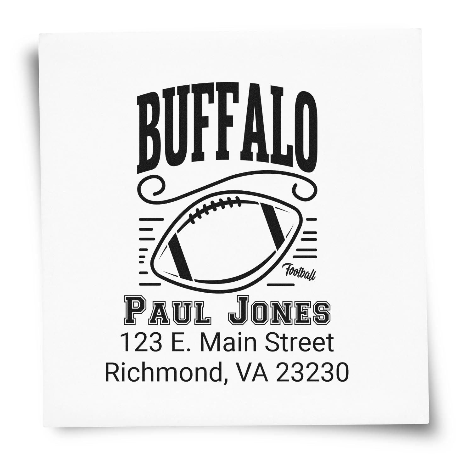 Personalized Buffalo football rubber stamp with Paul Jones name and Richmond, VA return address.