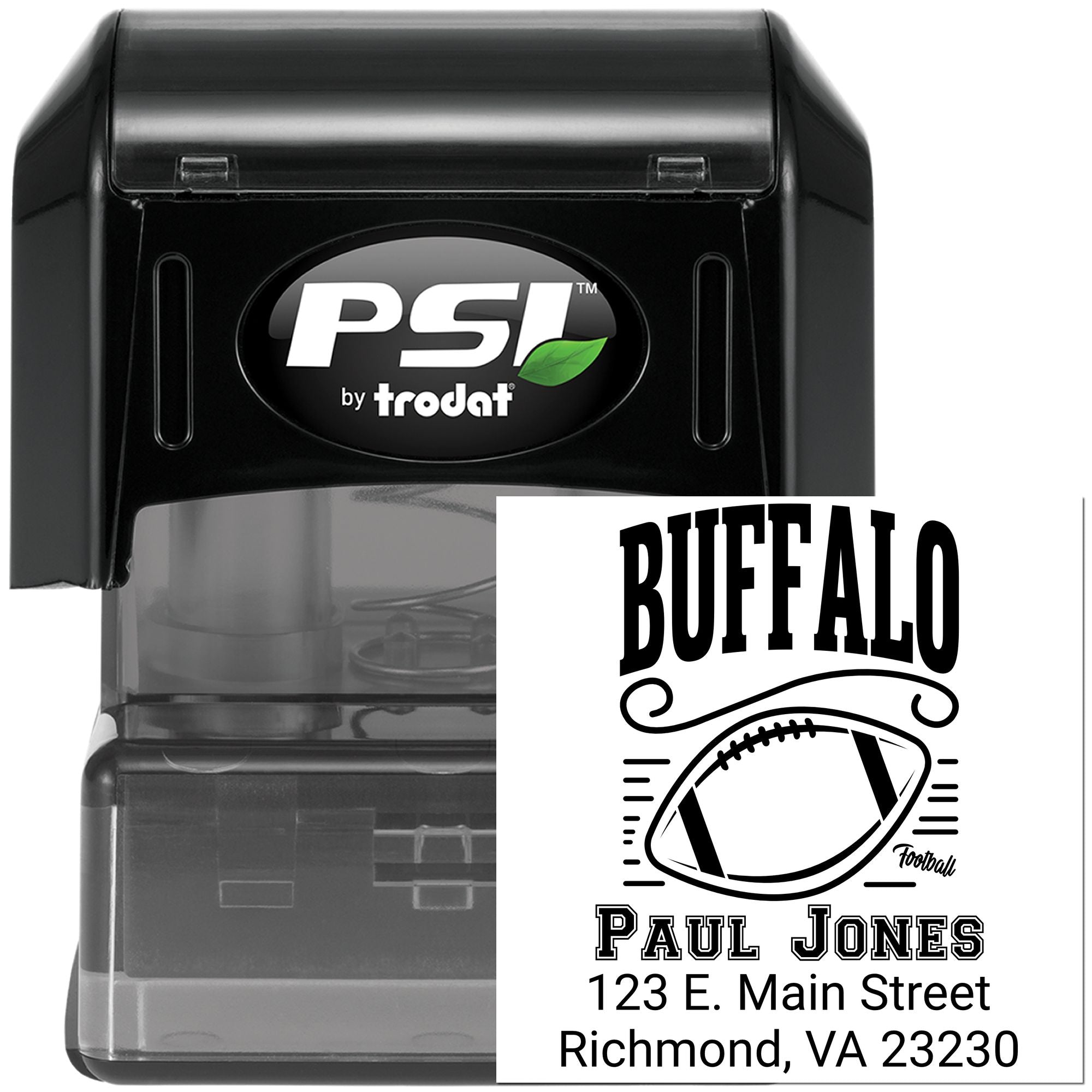 Personalized Buffalo football address rubber stamp by PSI Trodat with Paul Jones, 123 E. Main Street, Richmond, VA 23230.
