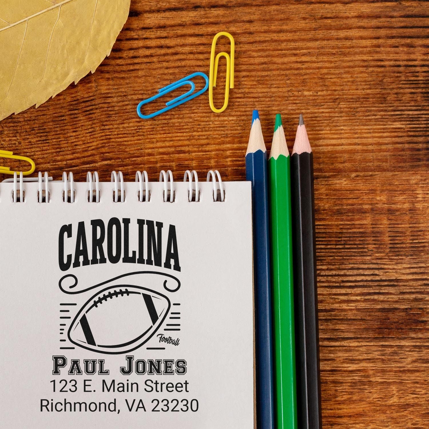Custom football address stamp for Carolina featuring Paul Jones and Richmond, VA return address design.