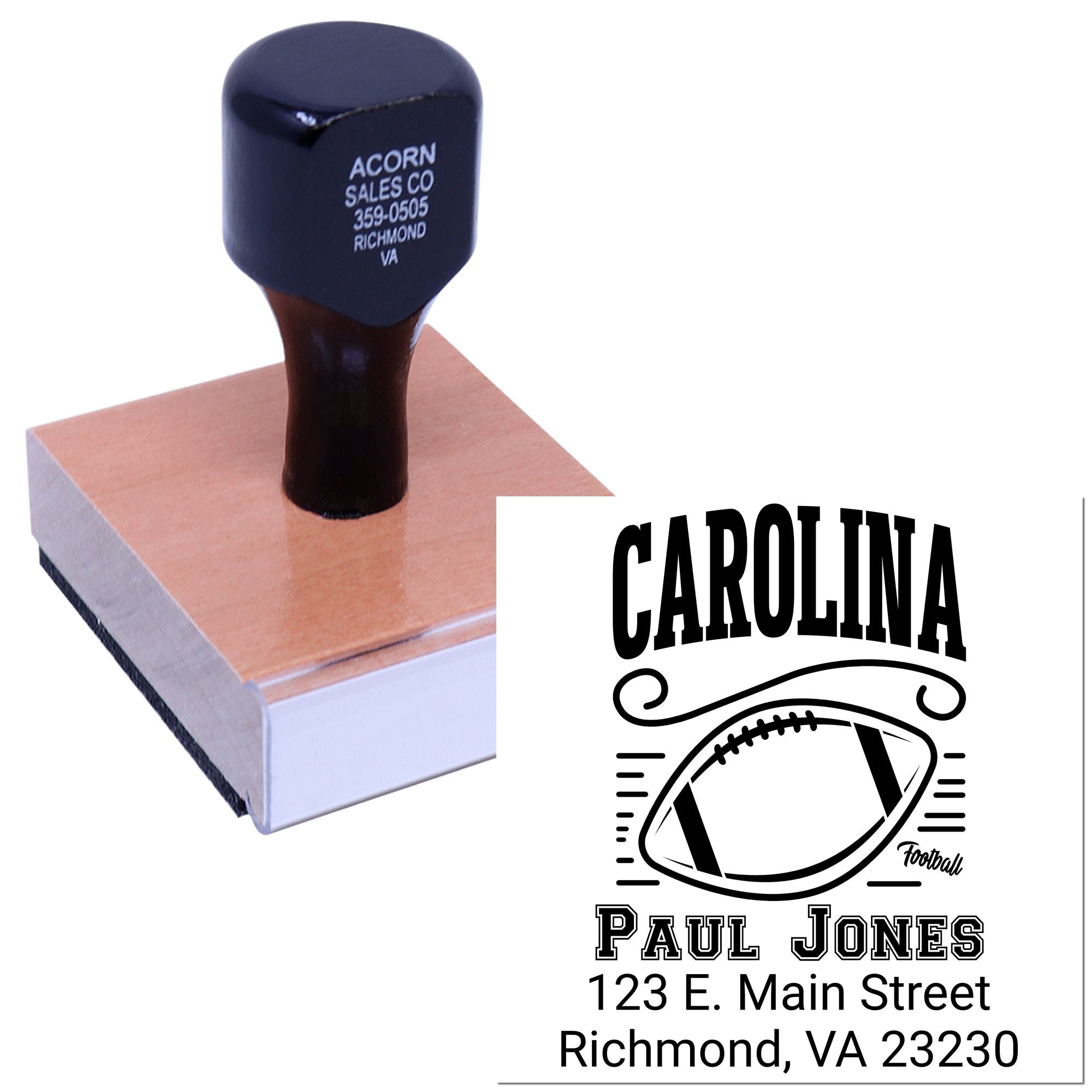 Custom Carolina football rubber stamp with name and Richmond, VA address for personalized mail and sports stationery