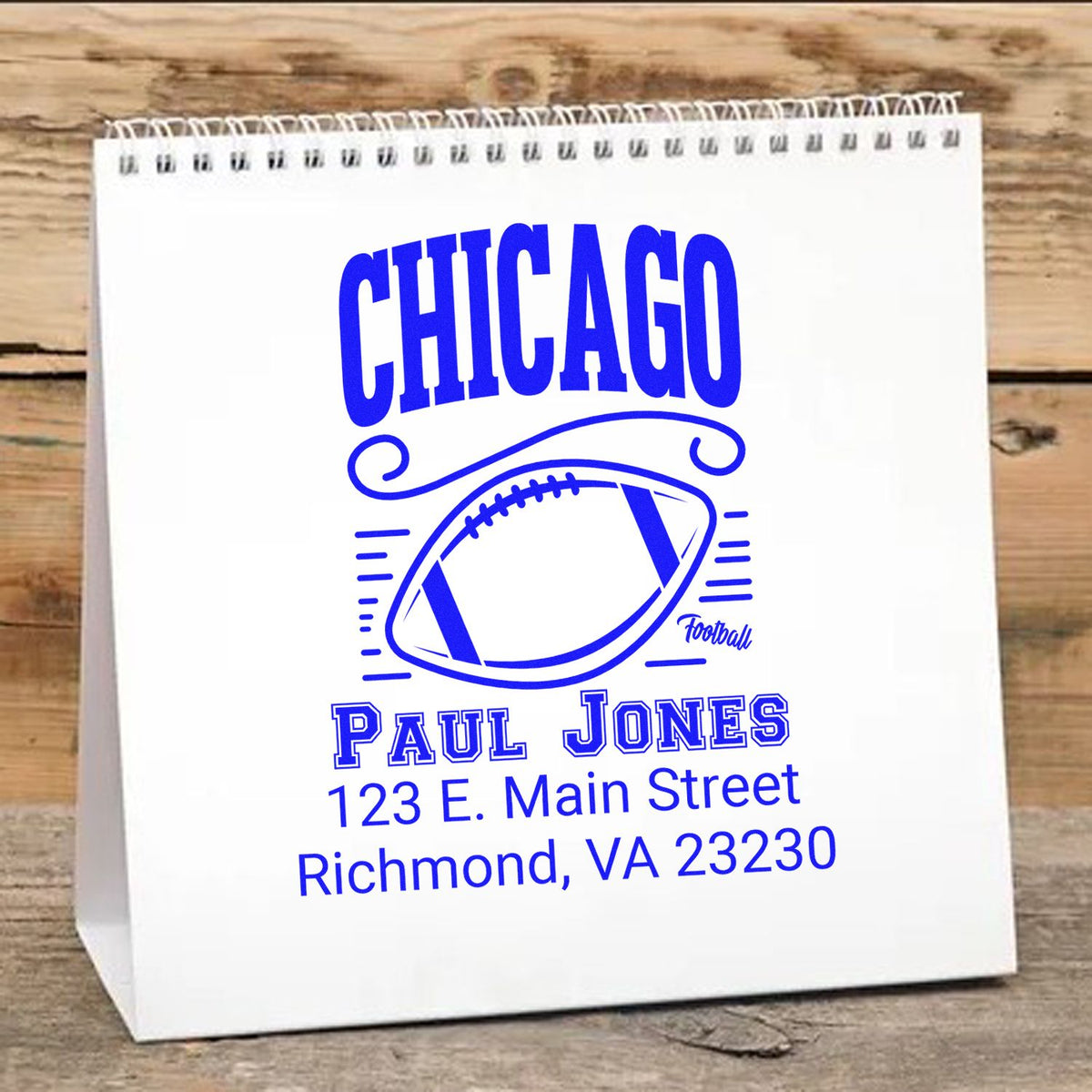 Custom Chicago football rubber stamp design with Paul Jones return address for personalized stationery and packaging.