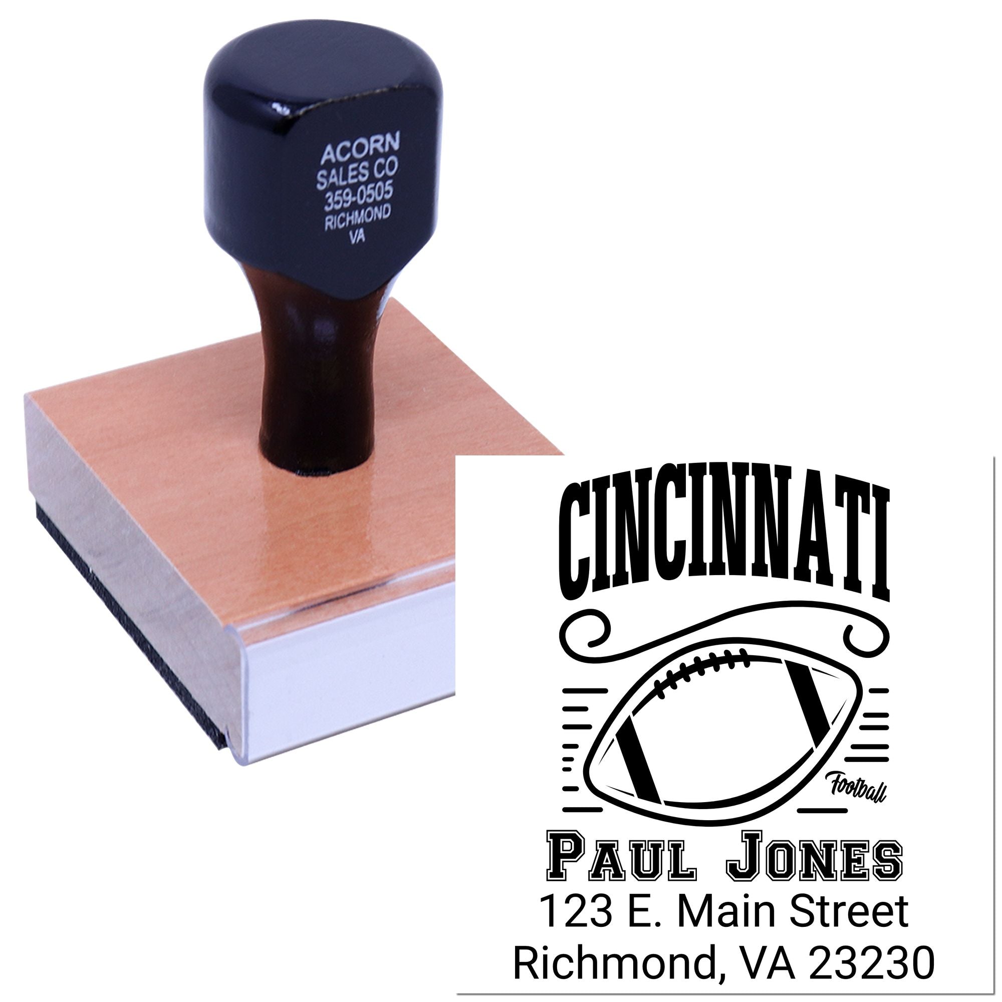 Custom football address rubber stamp with Cincinnati design and Paul Jones, Richmond, VA imprint.
