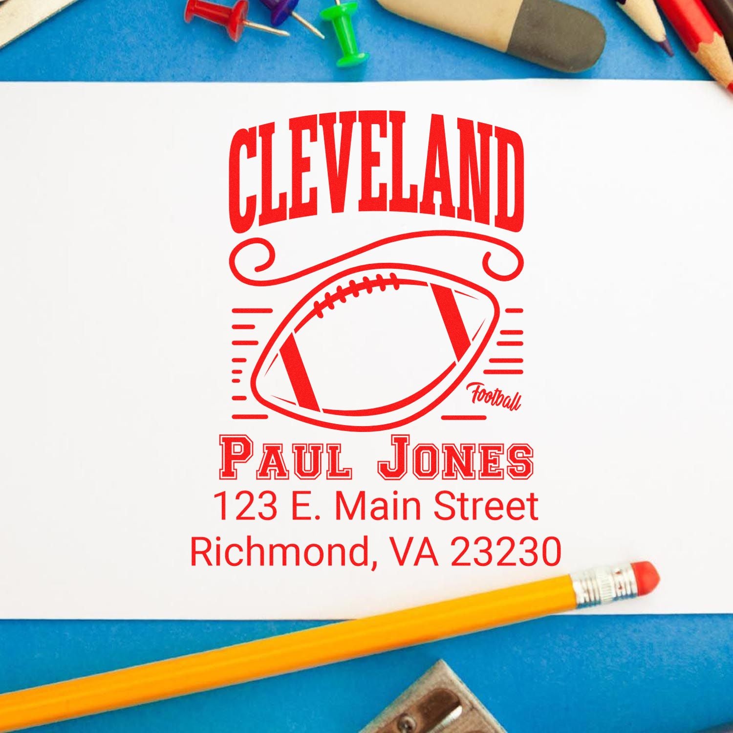 Custom football address stamp with Cleveland design, Paul Jones name, and Richmond, VA mailing address.