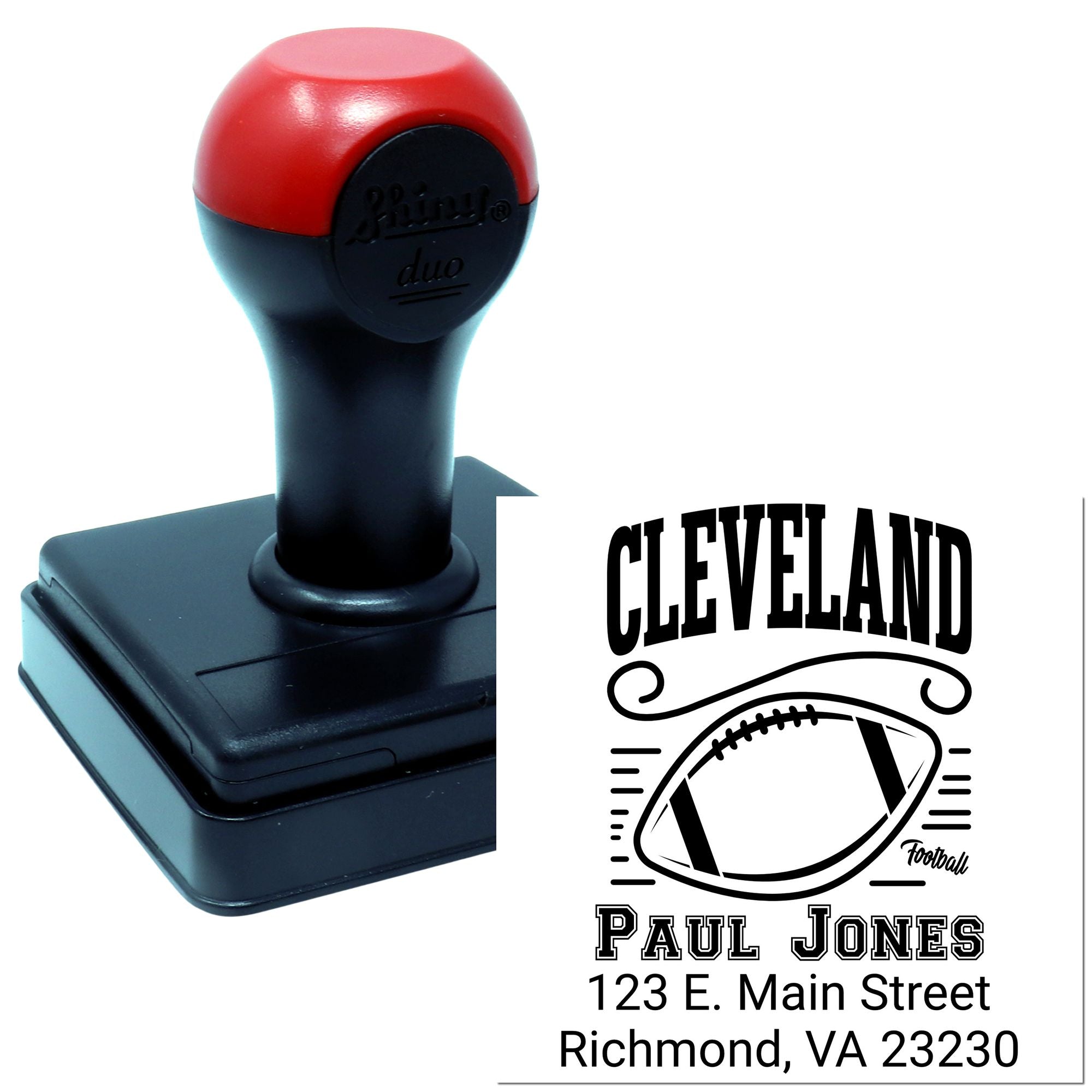 Self-inking custom rubber stamp featuring a Cleveland football design with personalized name and address.