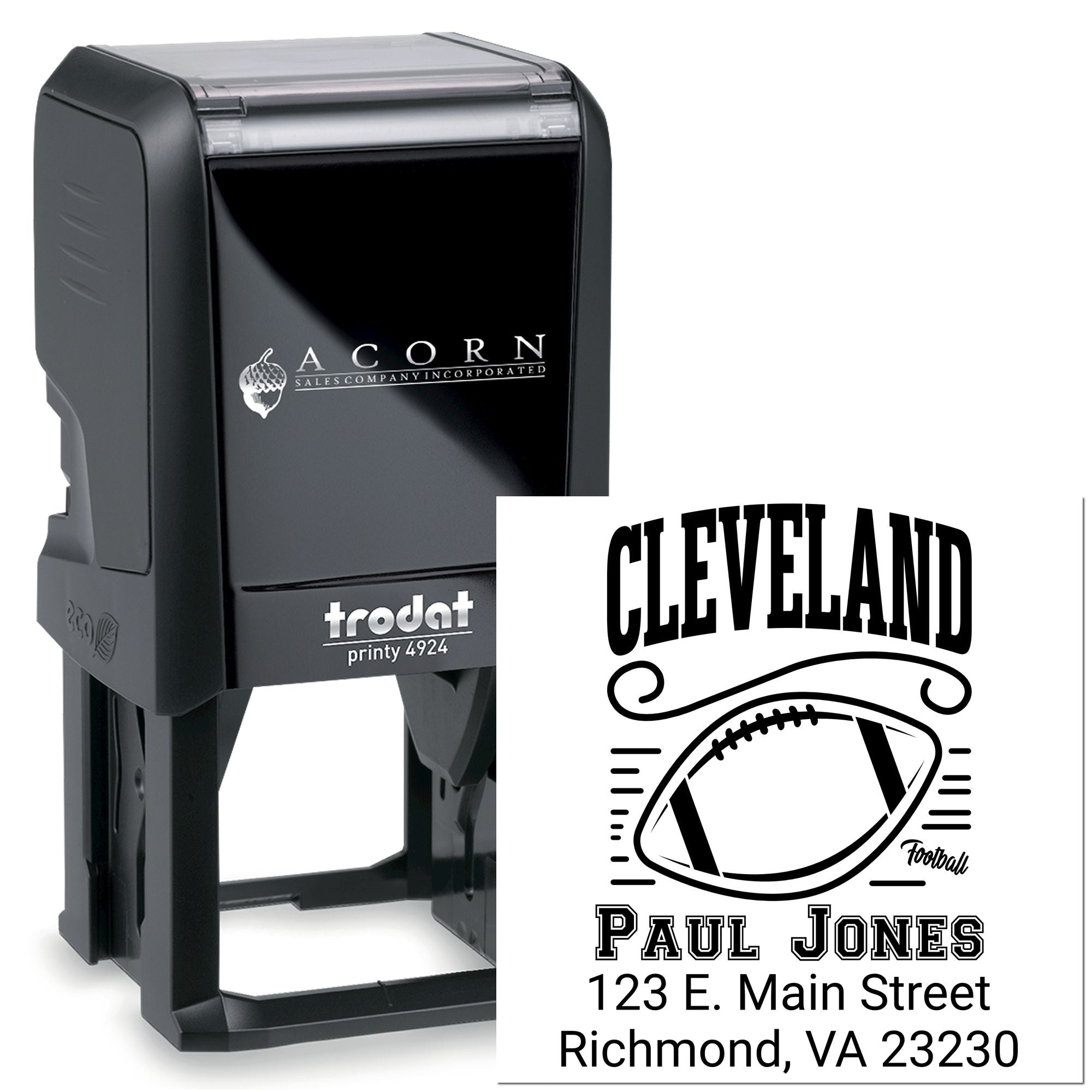 Custom self-inking rubber stamp with Cleveland football address design for sports fans, mailings, and branding.