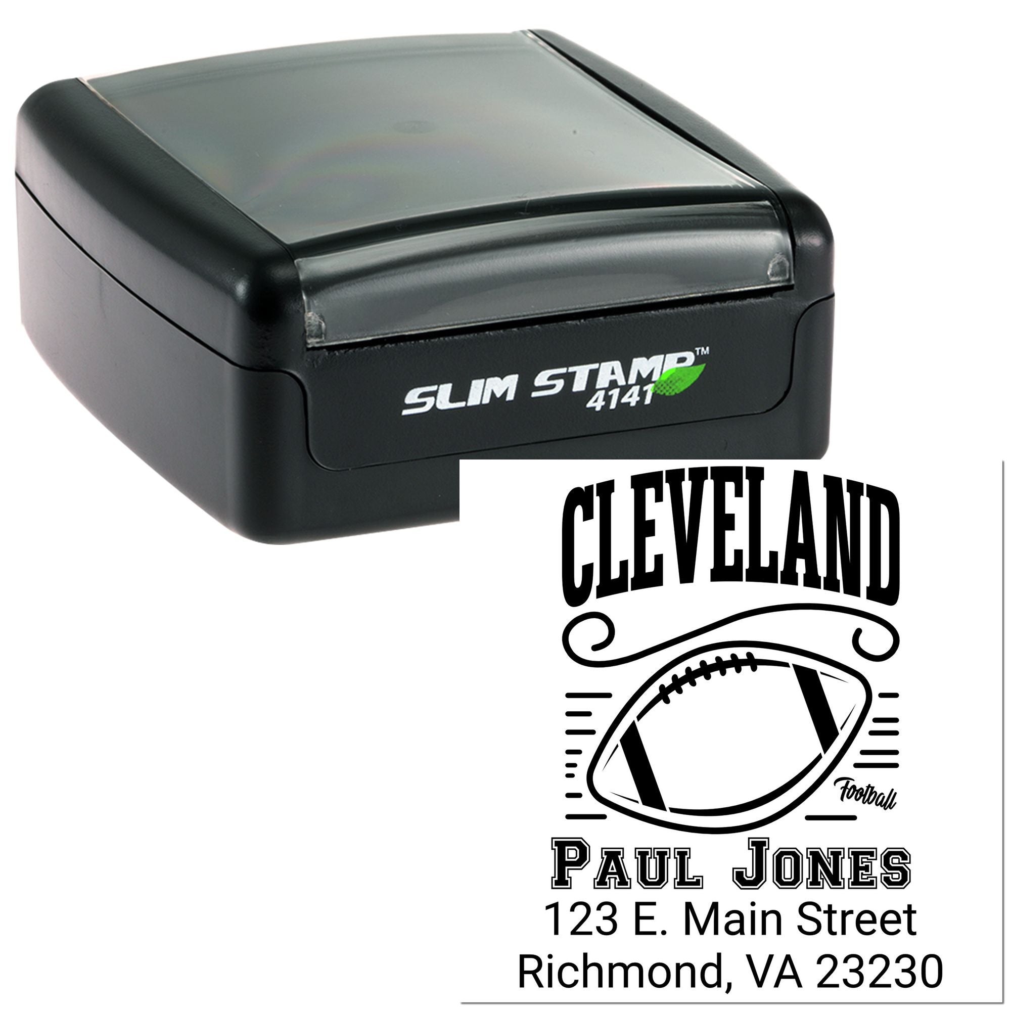 Custom self-inking rubber stamp for football fans, featuring Cleveland design, name, and address imprint.