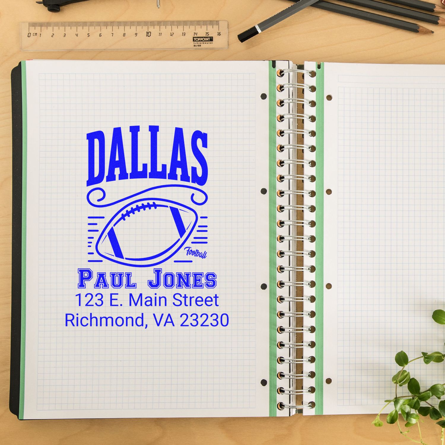 Custom Dallas football rubber stamp design with Paul Jones name and Richmond, VA address on notebook paper.