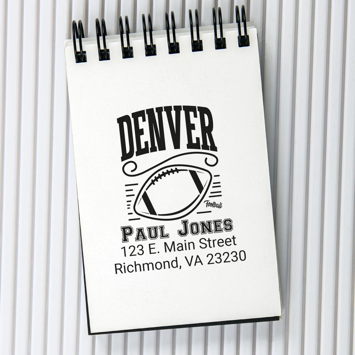 Personalized Denver football return address rubber stamp with Paul Jones, Richmond, VA.