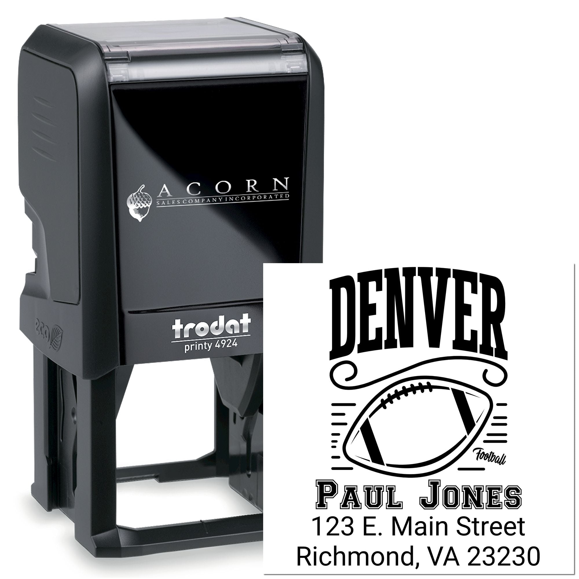 Trodat Printy 4924 self-inking custom rubber stamp with Denver football logo and return address.