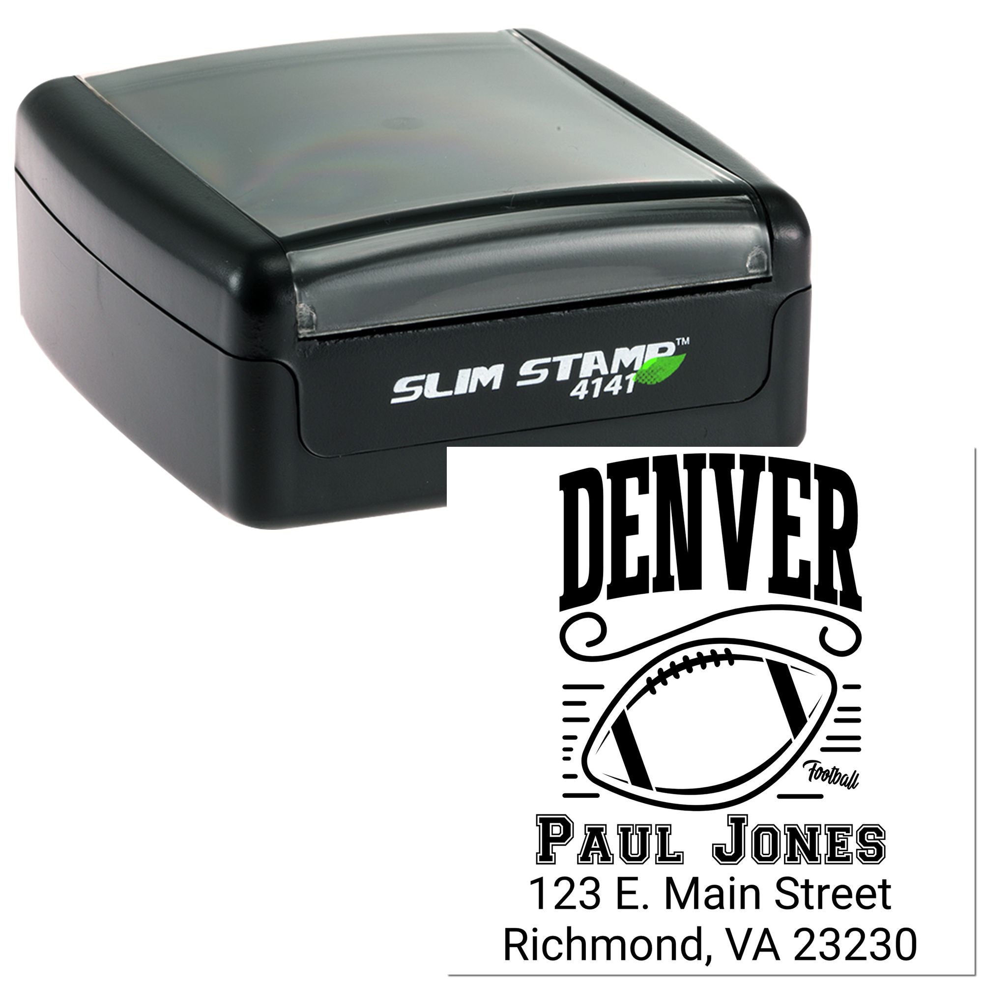 Custom self-inking rubber stamp for return address and Denver football design, shown with Slim Stamp 4141 case.