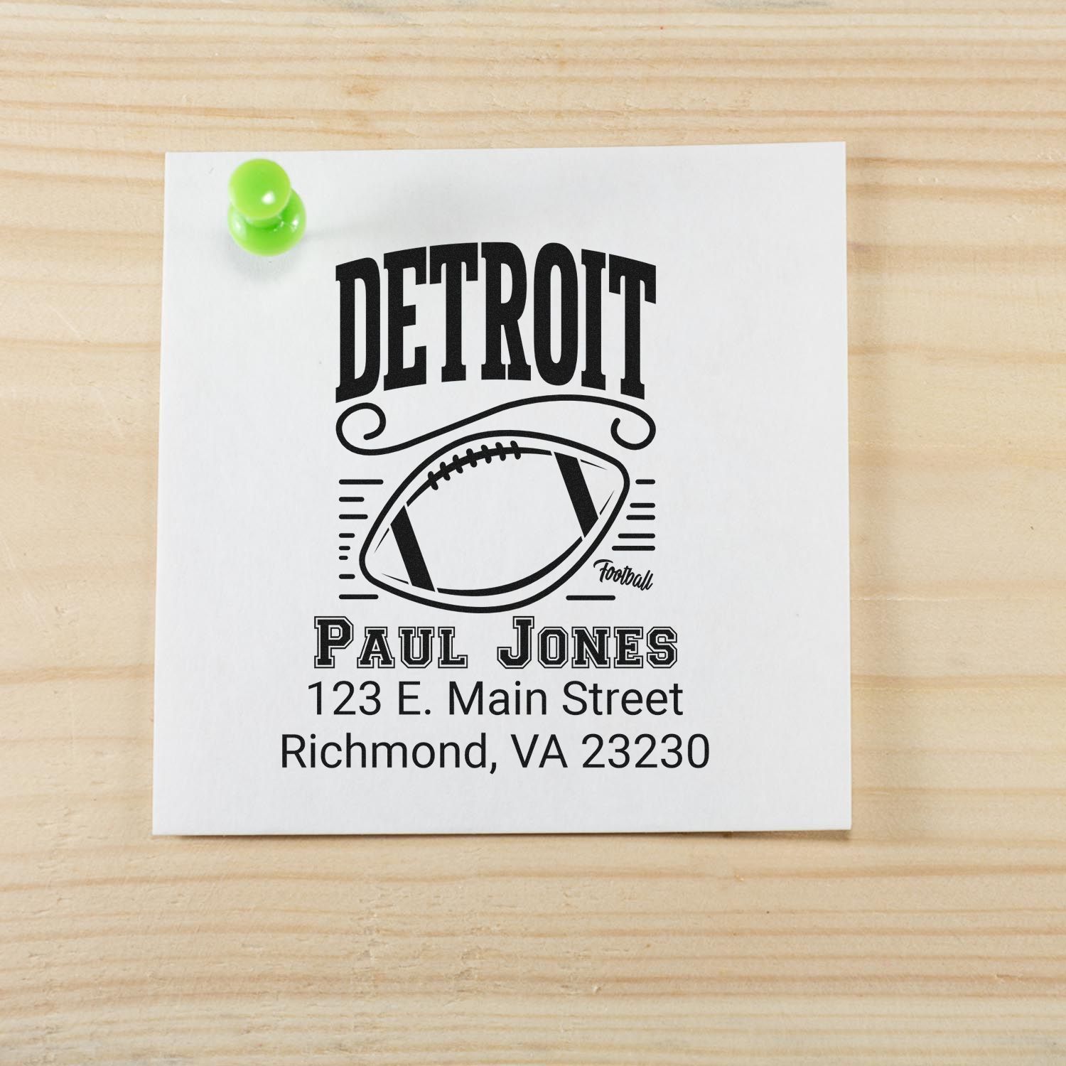 Custom Detroit football return address rubber stamp for Paul Jones, Richmond, VA 23230.