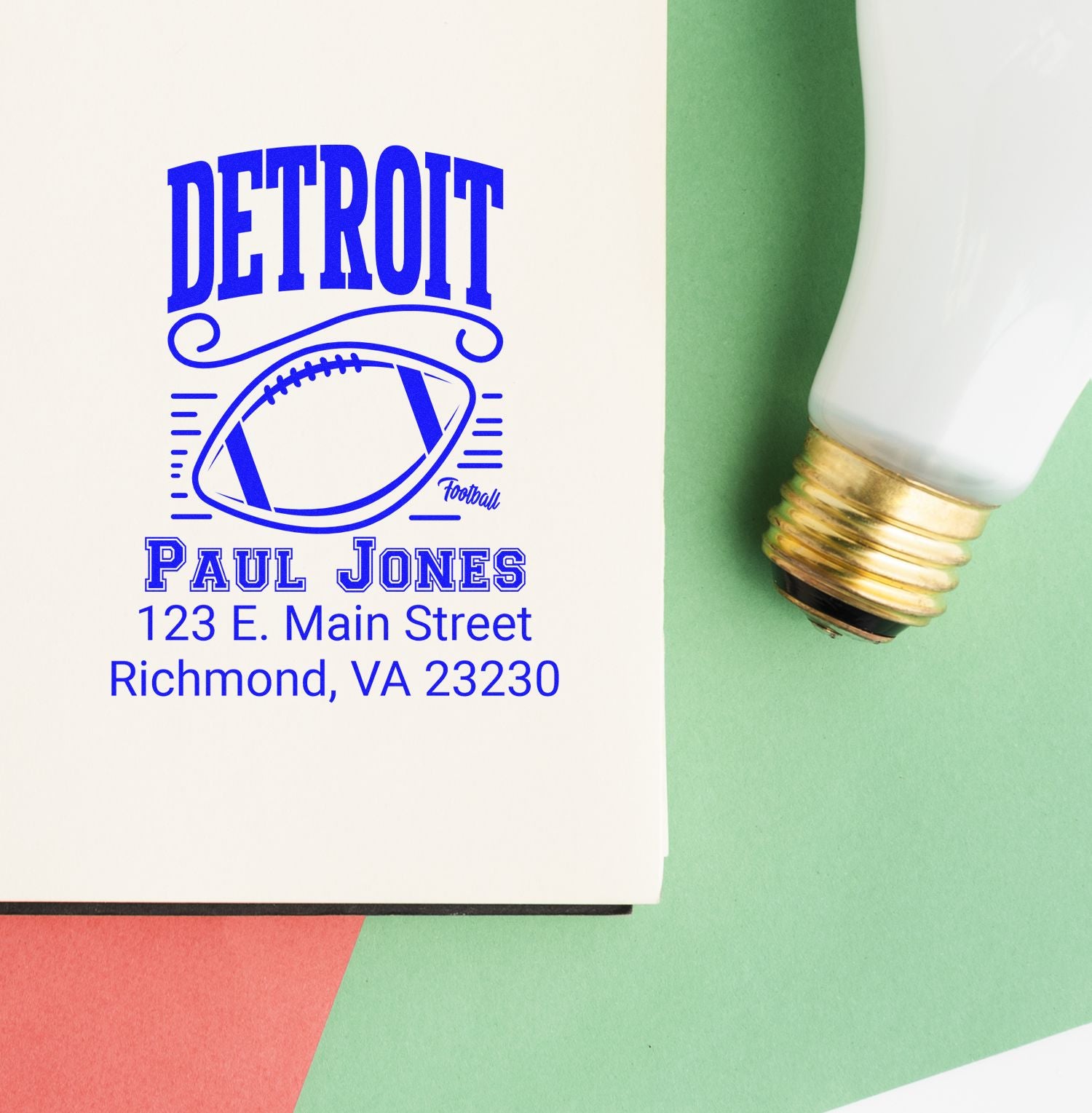 Custom Detroit football address rubber stamp with Paul Jones and Richmond, VA address for personalized mail branding.