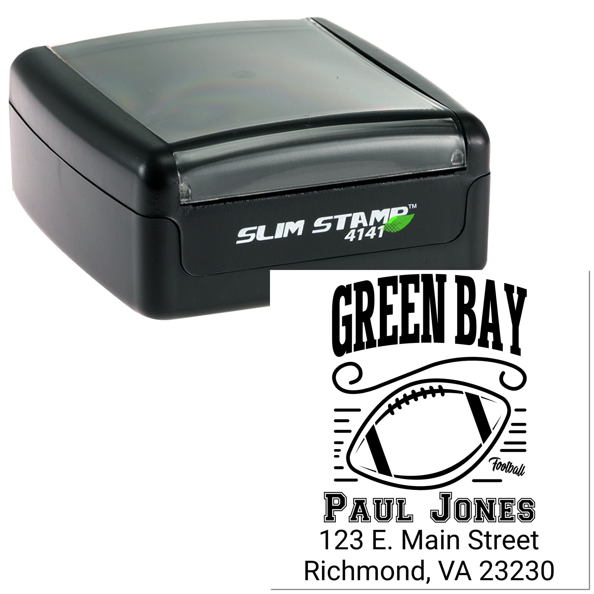 Custom Green Bay football return address self-inking rubber stamp with Paul Jones name and address.