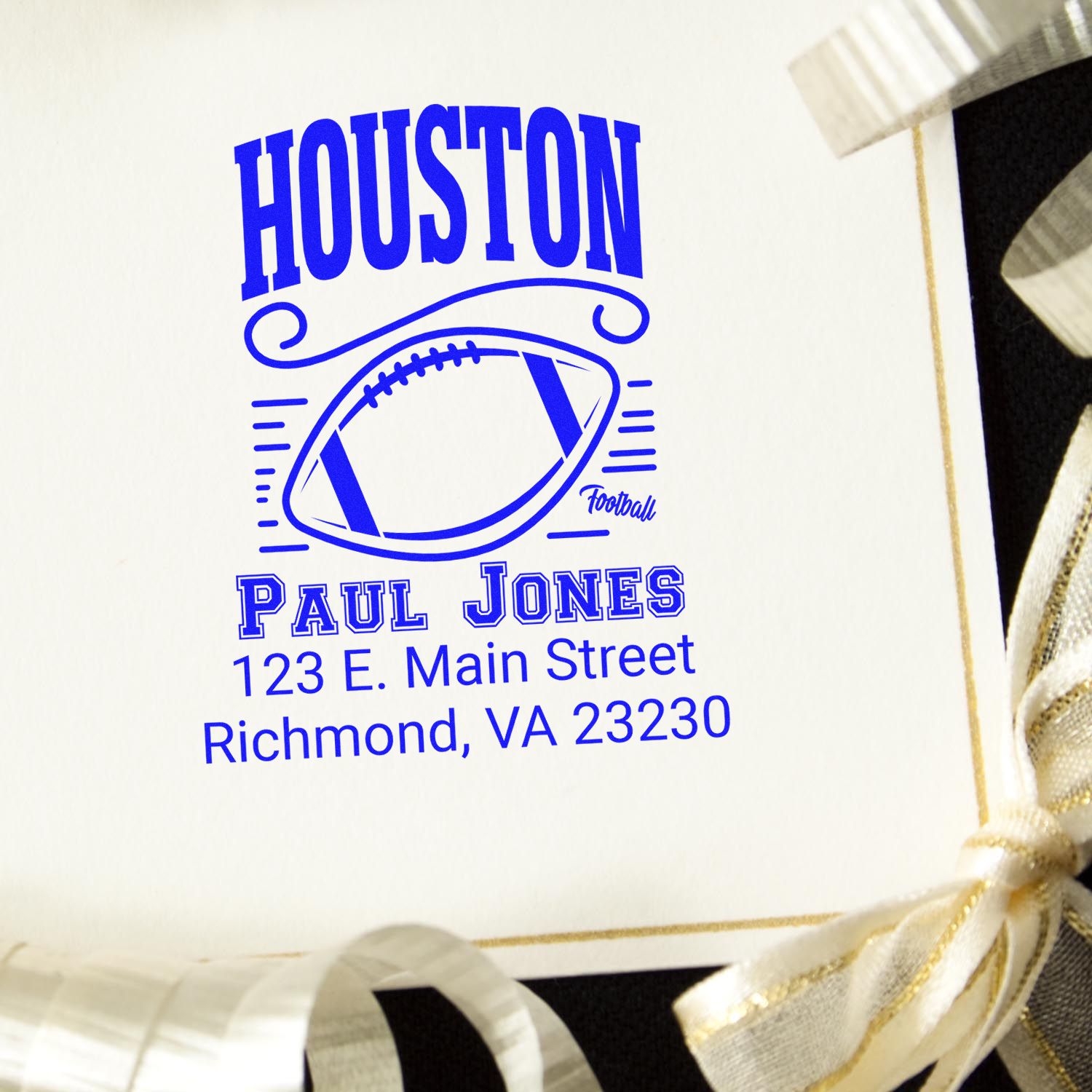 Custom Houston football rubber stamp with Paul Jones name and address, 123 E. Main Street, Richmond, VA 23230