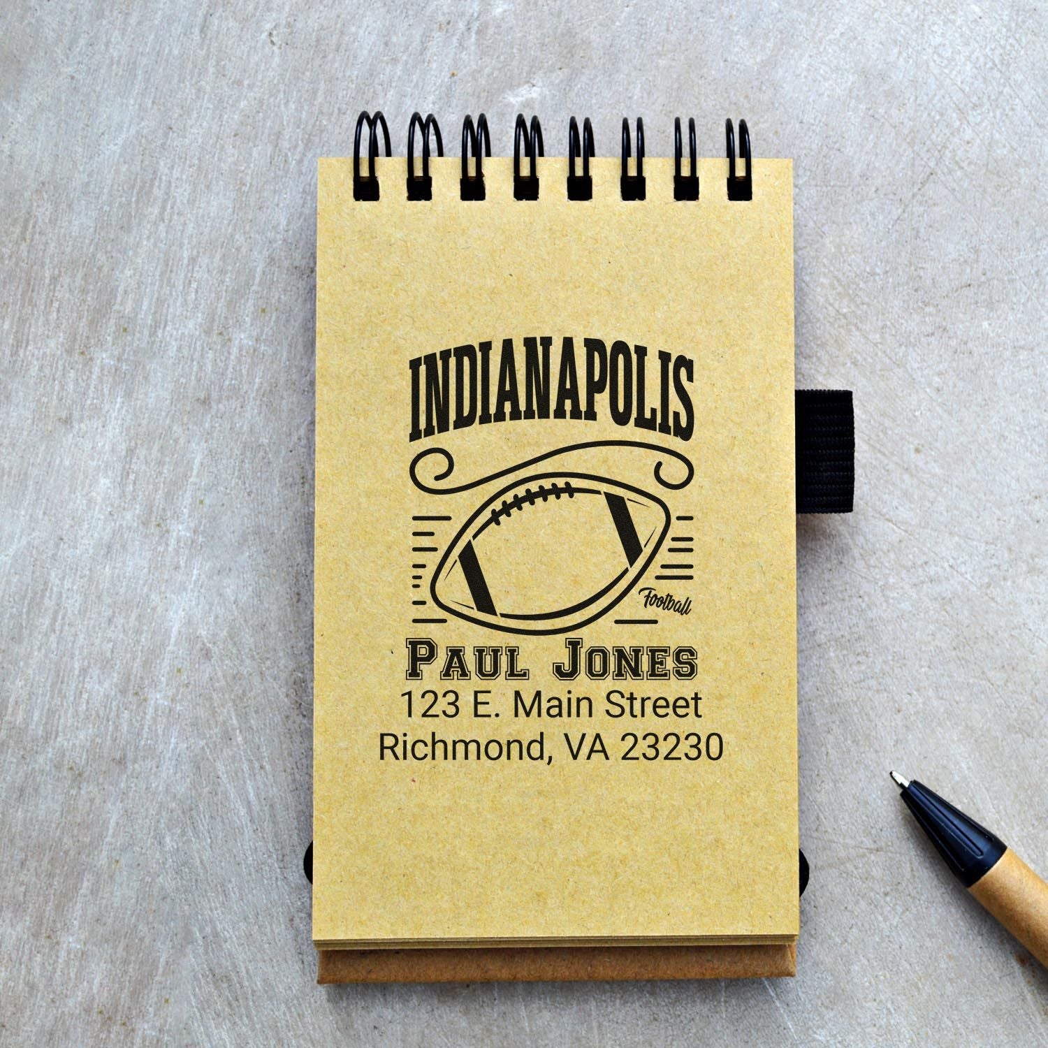 Custom Indianapolis football return address rubber stamp with Paul Jones name and address for personalized stationery