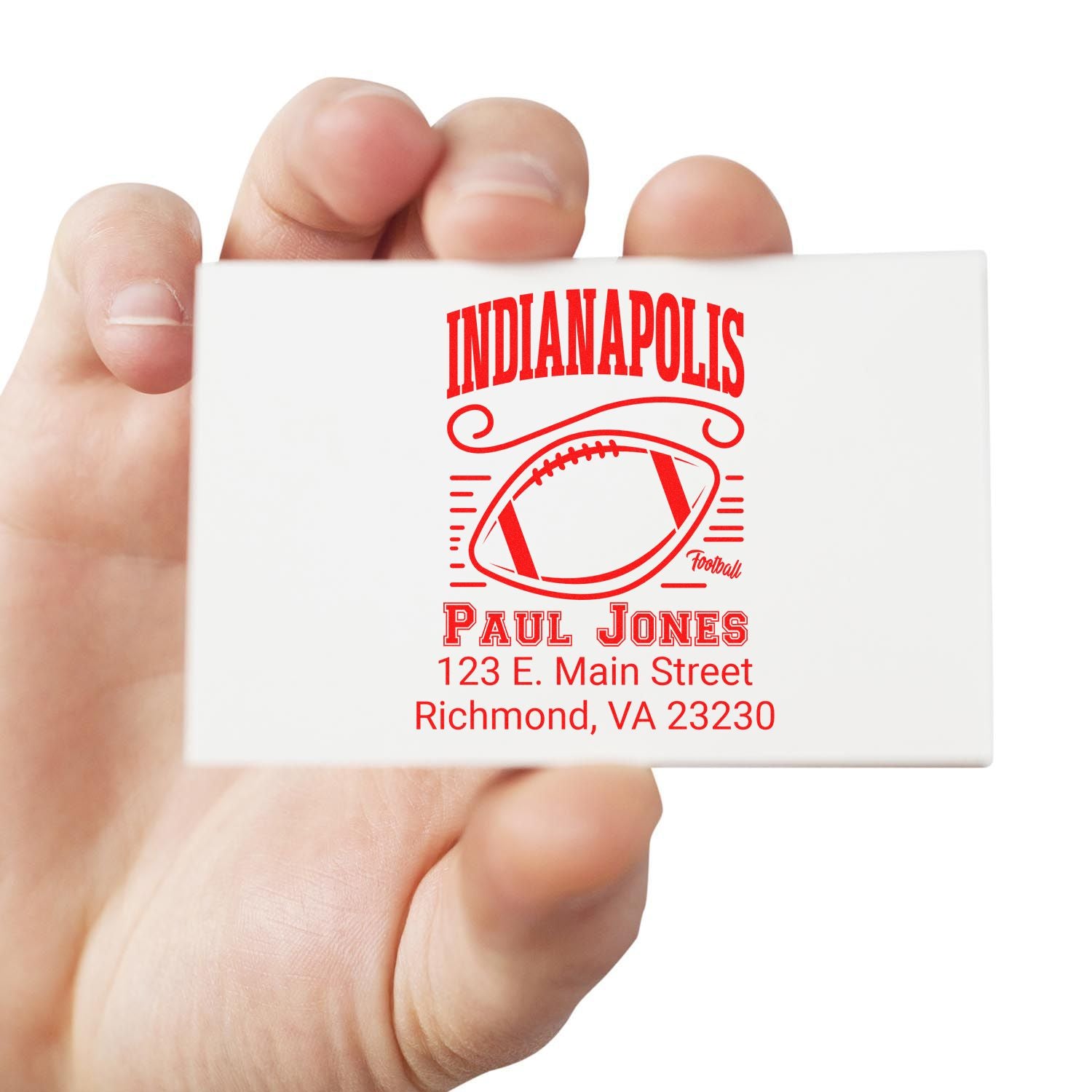 Custom football rubber stamp with Indianapolis design, Paul Jones name, and Richmond, VA address for personalized branding.