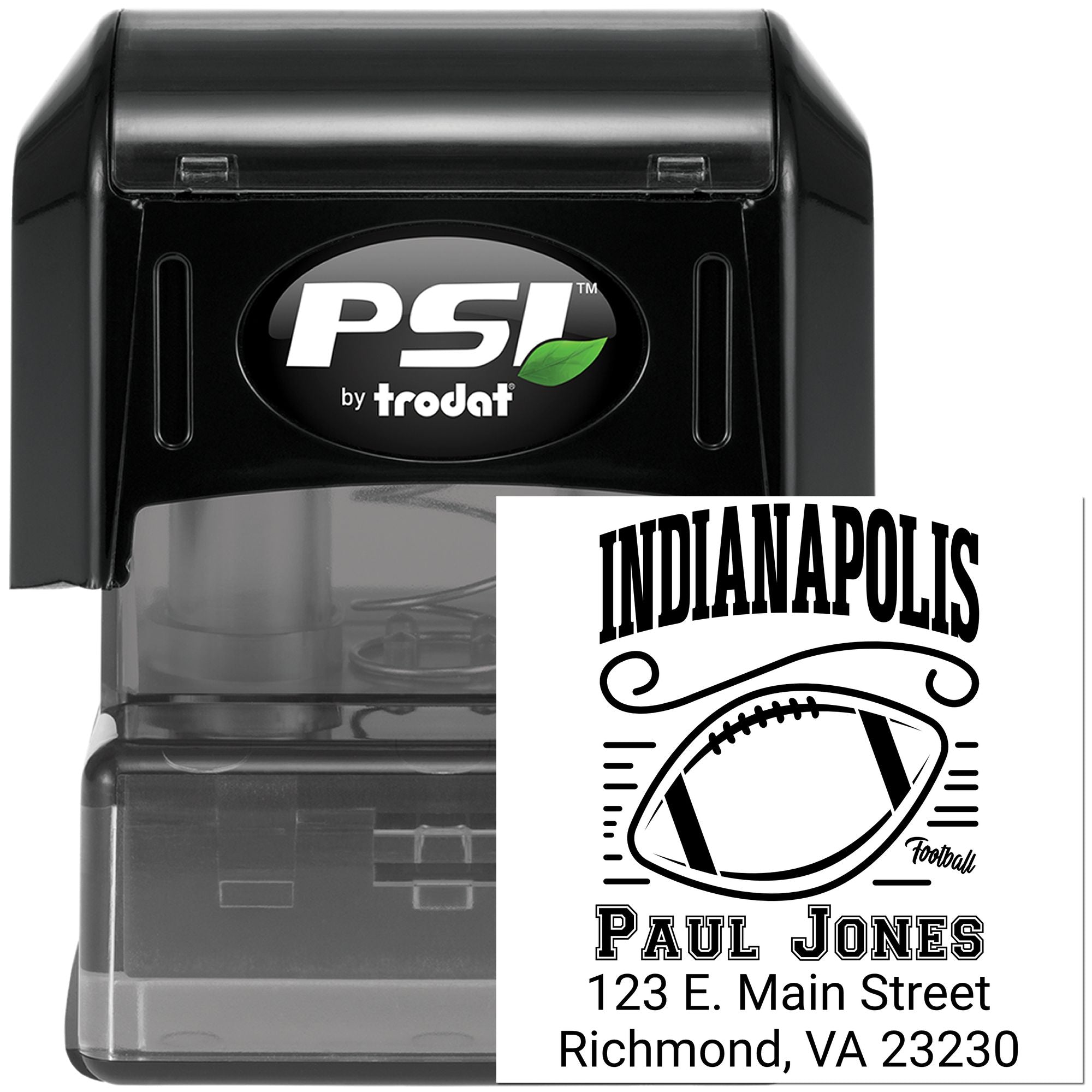 Custom self-inking rubber stamp with Indianapolis football design, name, street address, and zip code.