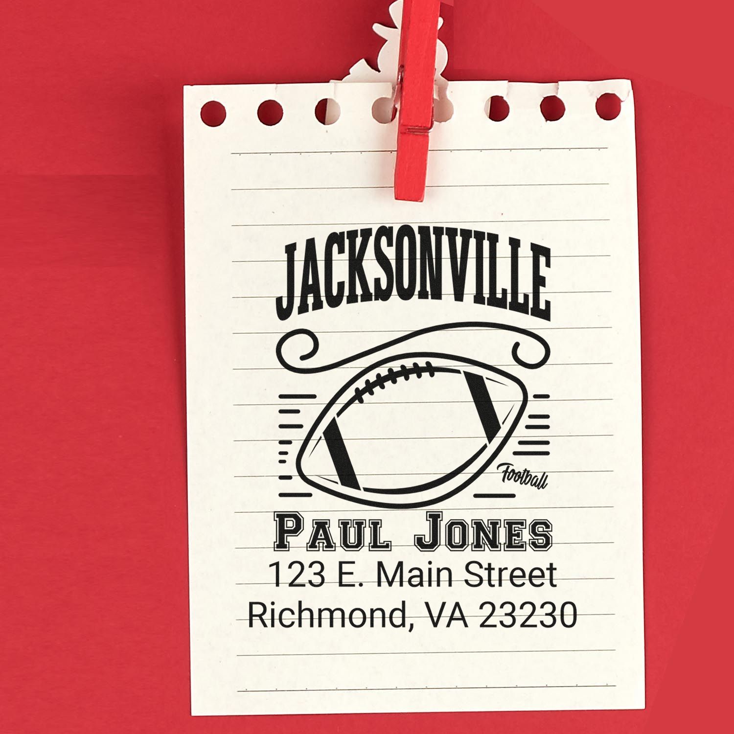 Custom football address stamp with Jacksonville, Paul Jones, and Richmond VA details for personalized mailings