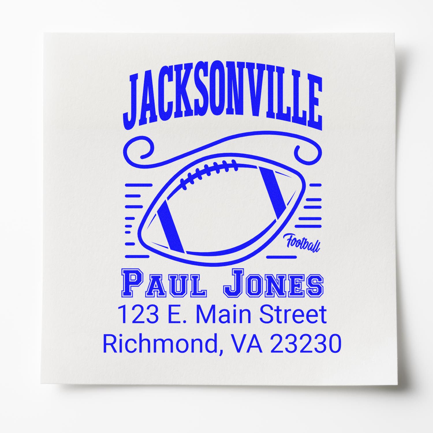 Personalized Jacksonville football rubber stamp for Paul Jones with Richmond, VA address and custom sports branding.