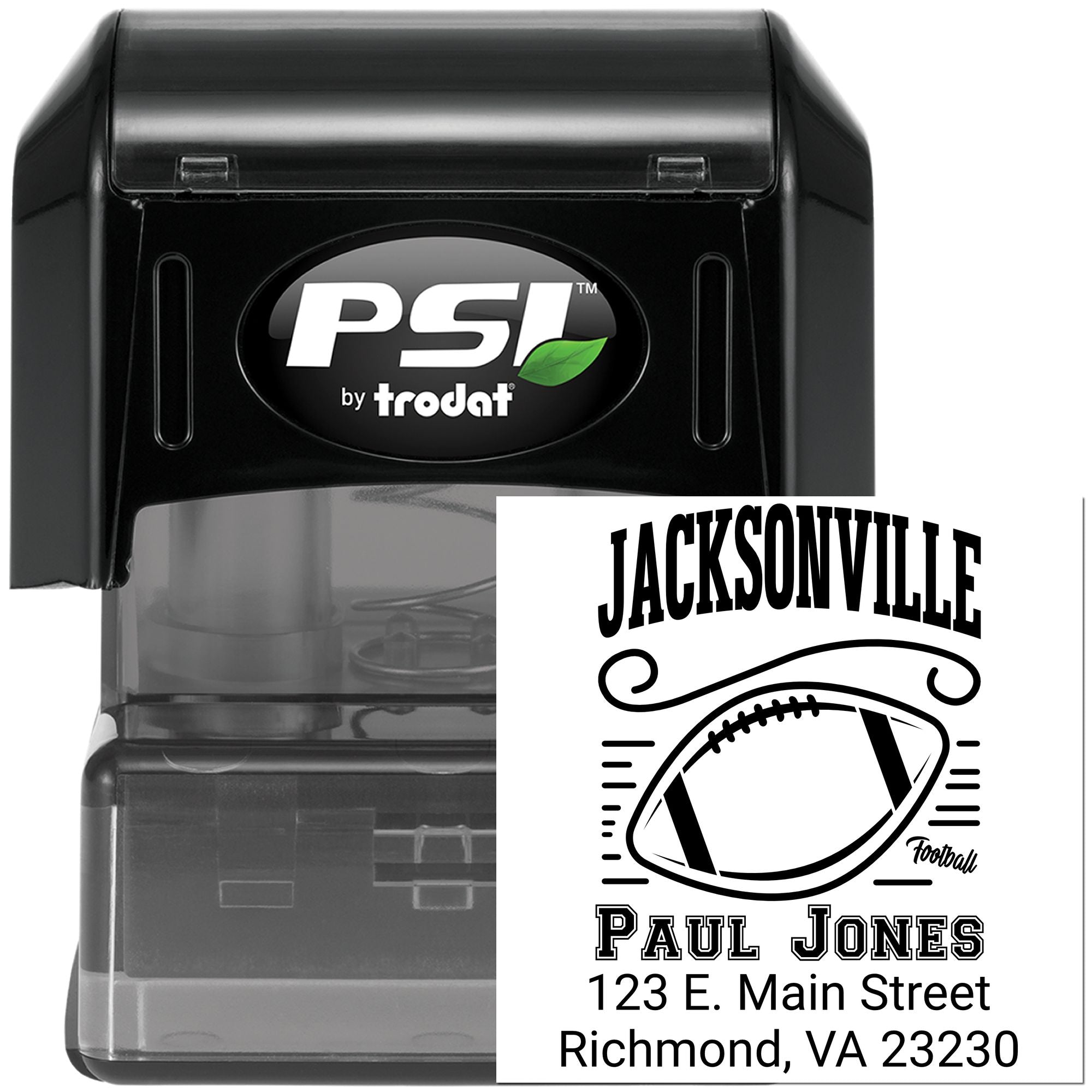 Custom self-inking rubber stamp by PSI Trodat featuring Jacksonville football, name, and address for personalized use