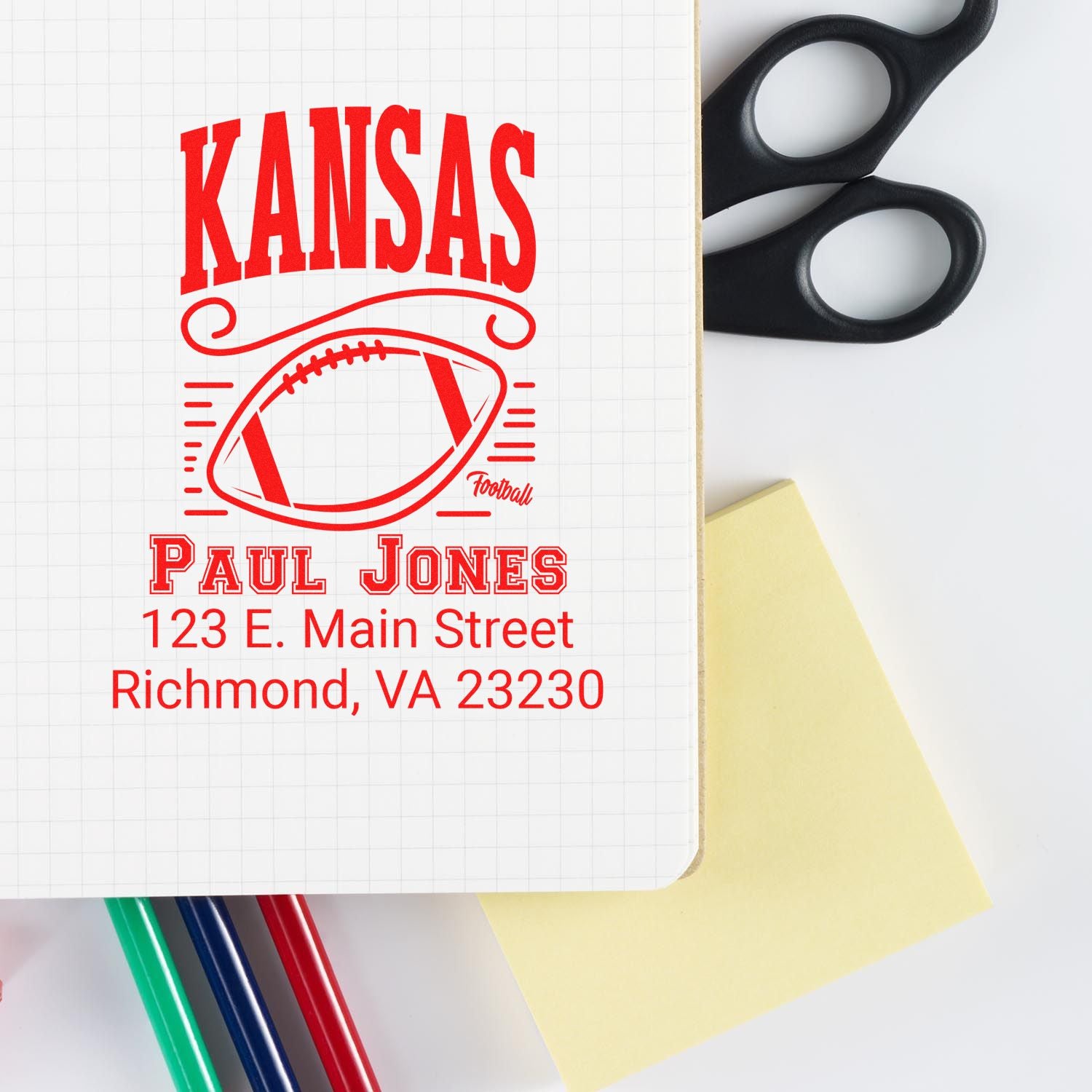 Custom Kansas football rubber stamp with name and address for personalized return address and stationery.