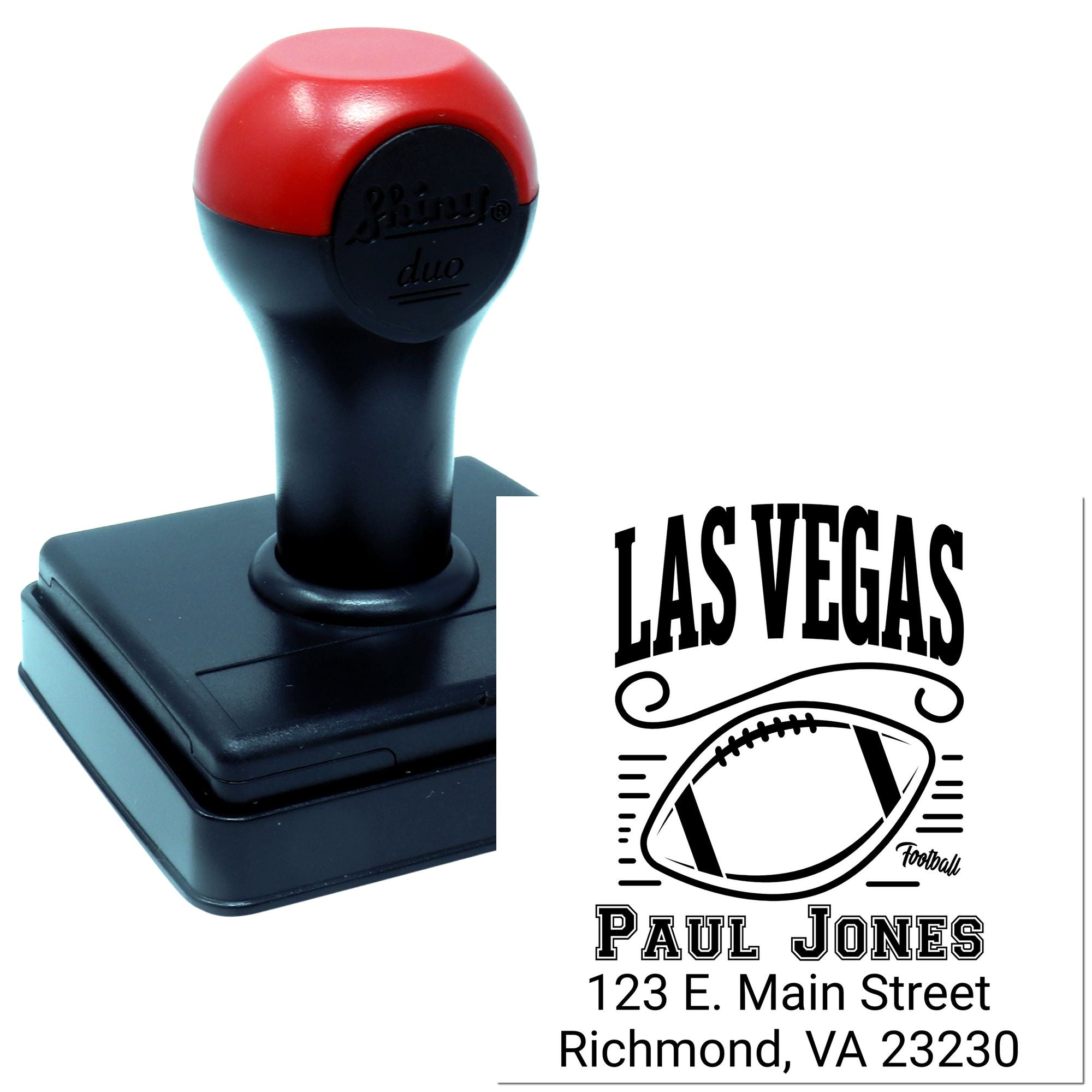 Custom self-inking rubber stamp with Las Vegas football design, Paul Jones name, and address imprint.