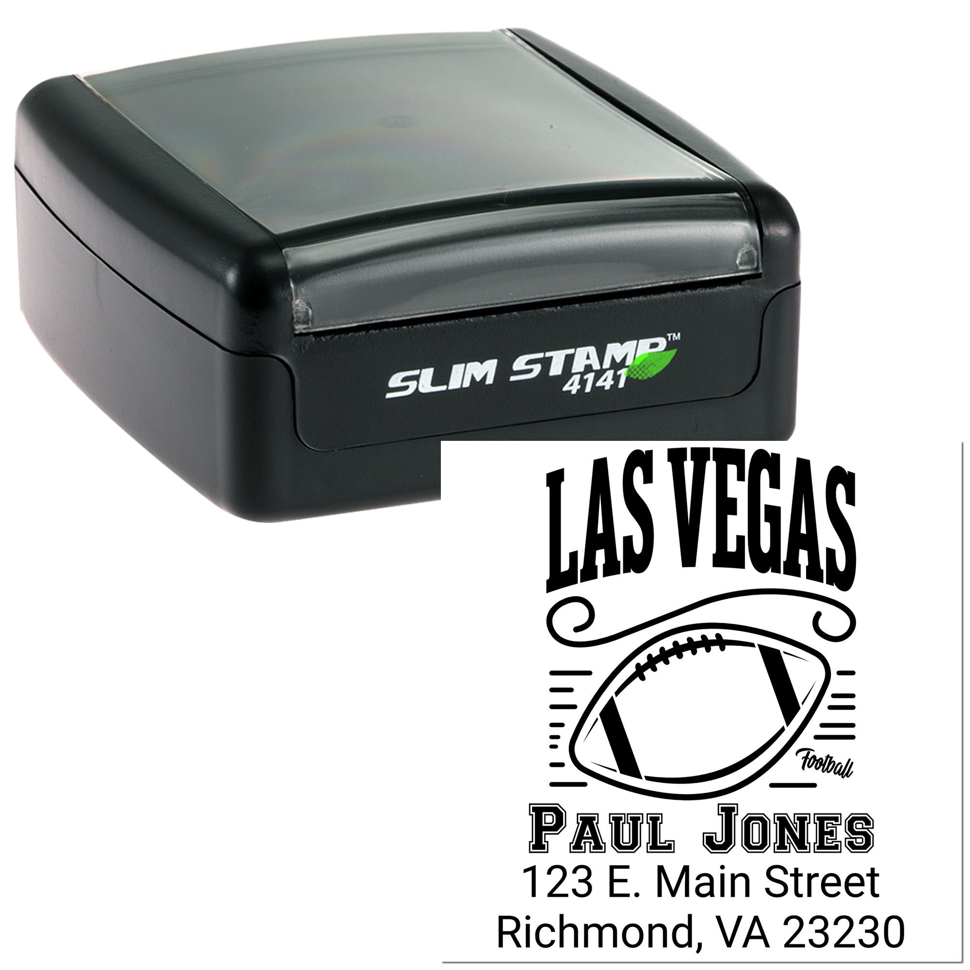 Custom self-inking football return address stamp with Las Vegas name, Paul Jones, and Richmond, VA address.