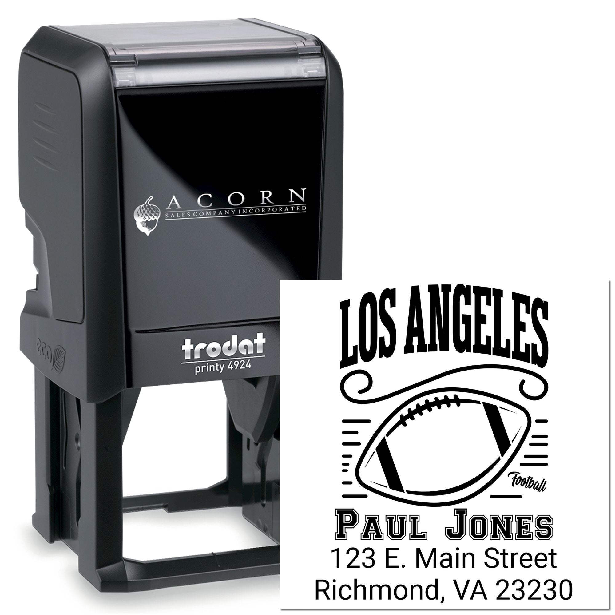 Custom self-inking rubber stamp with football-themed address imprint for personalized business mailings.