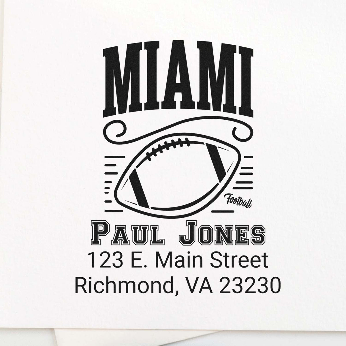 Personalized Miami football rubber stamp with Paul Jones name, Richmond, VA 23230 address.