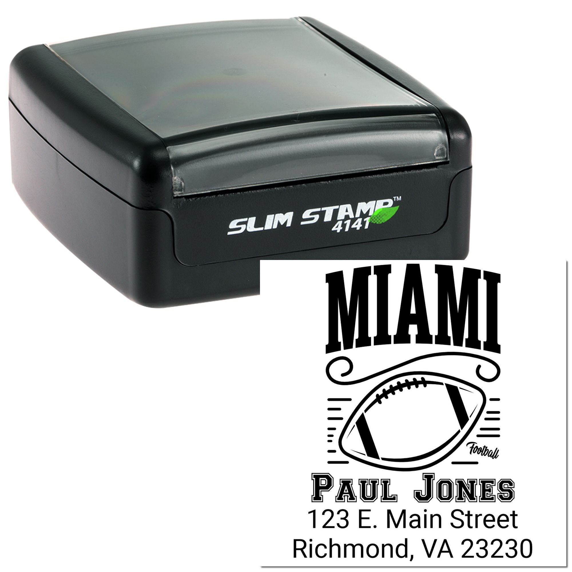 Custom self-inking rubber stamp with Miami football design, name, and Richmond, VA address for personalized mailing.