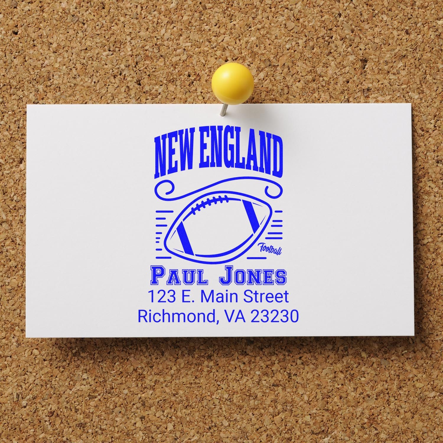 Custom New England football address rubber stamp for Paul Jones, 123 E. Main Street, Richmond, VA 23230.