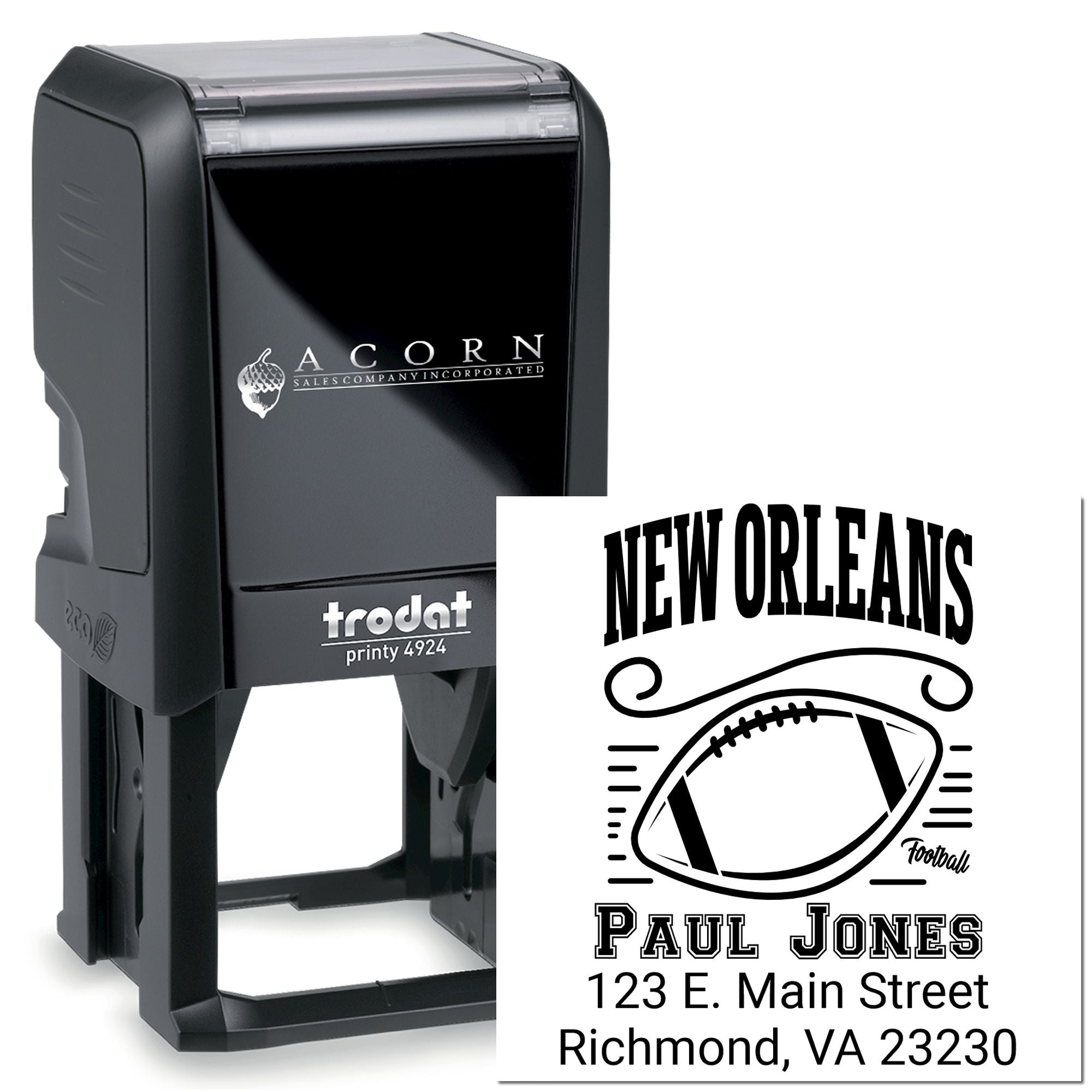 Trodat self-inking rubber stamp with custom New Orleans football address design for Paul Jones.