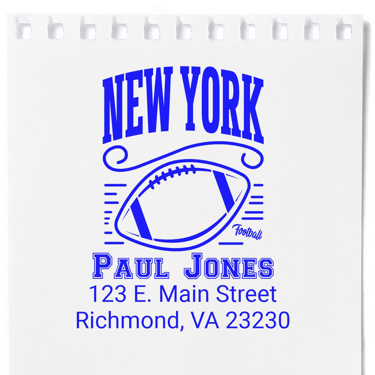 Custom New York football rubber stamp for Paul Jones with name and Richmond, VA address for personalized branding.