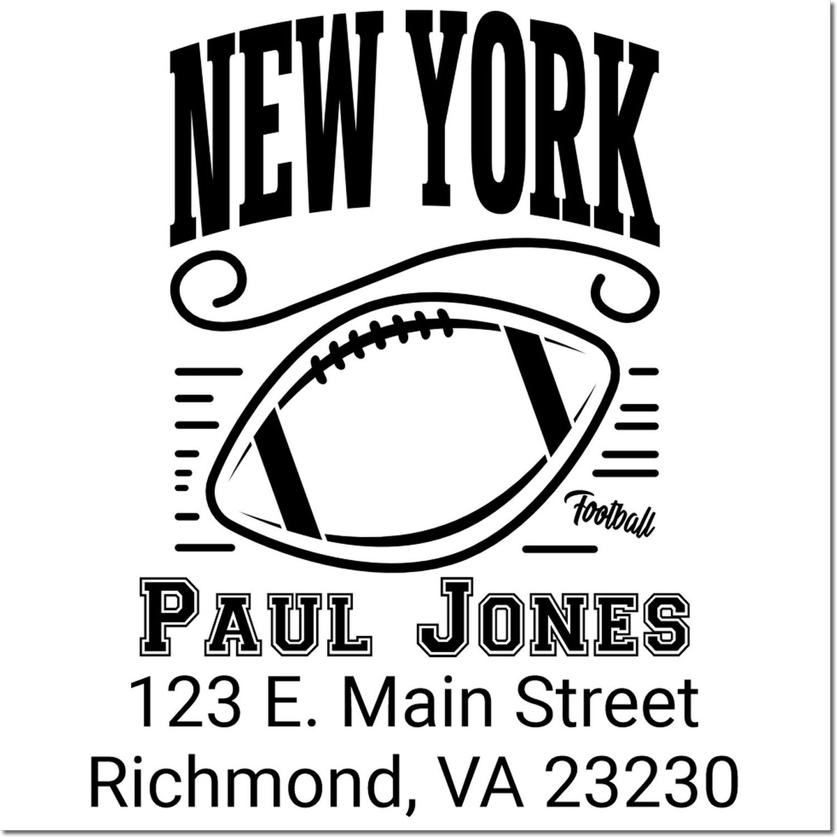 Custom New York football return address rubber stamp for Paul Jones, 123 E. Main Street, Richmond, VA 23230