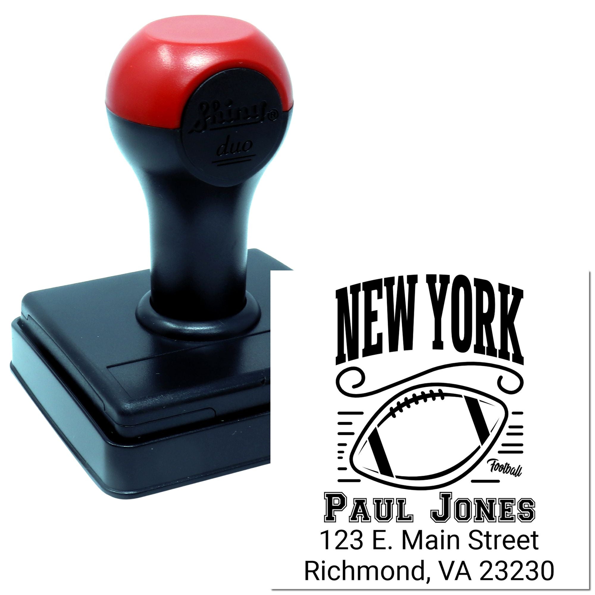 Custom self-inking rubber stamp with football logo and personalized name and address imprint for mailings and branding