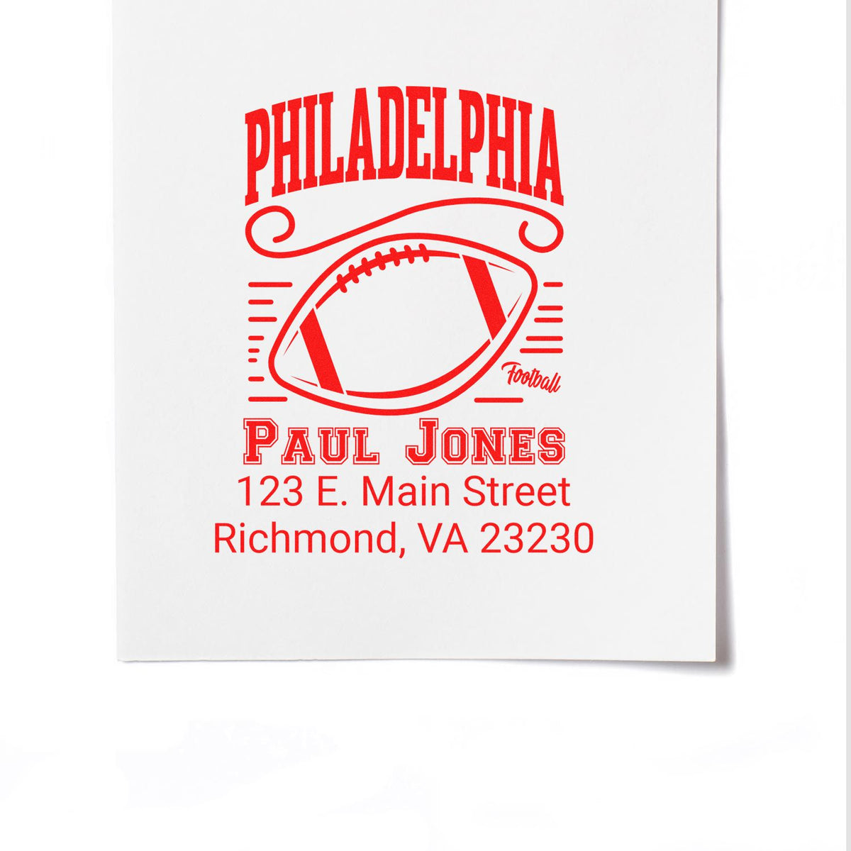 Custom Philadelphia football rubber stamp with Paul Jones name and Richmond, VA address.