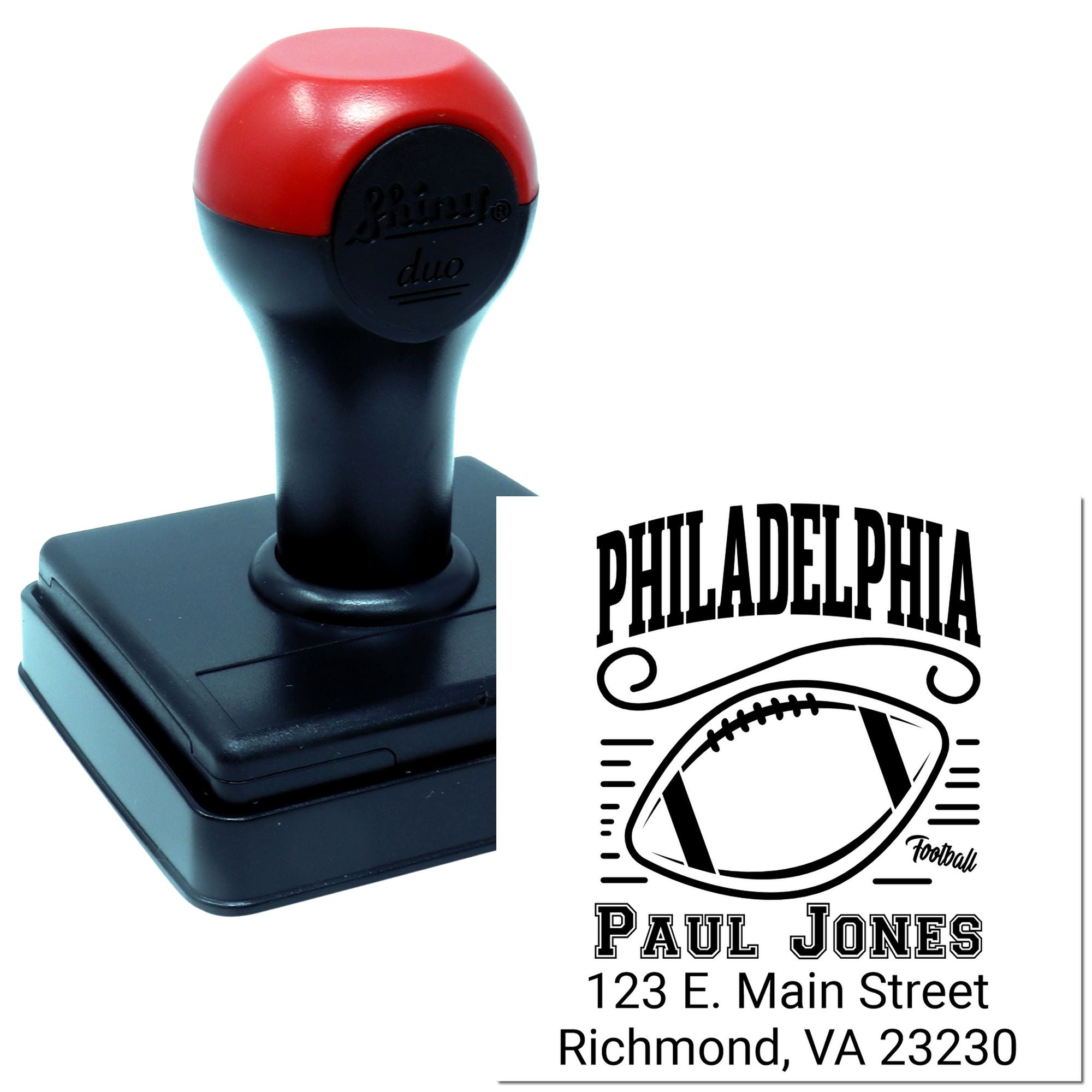 Custom self-inking rubber stamp with Philadelphia football design, name, and address for business or team branding.