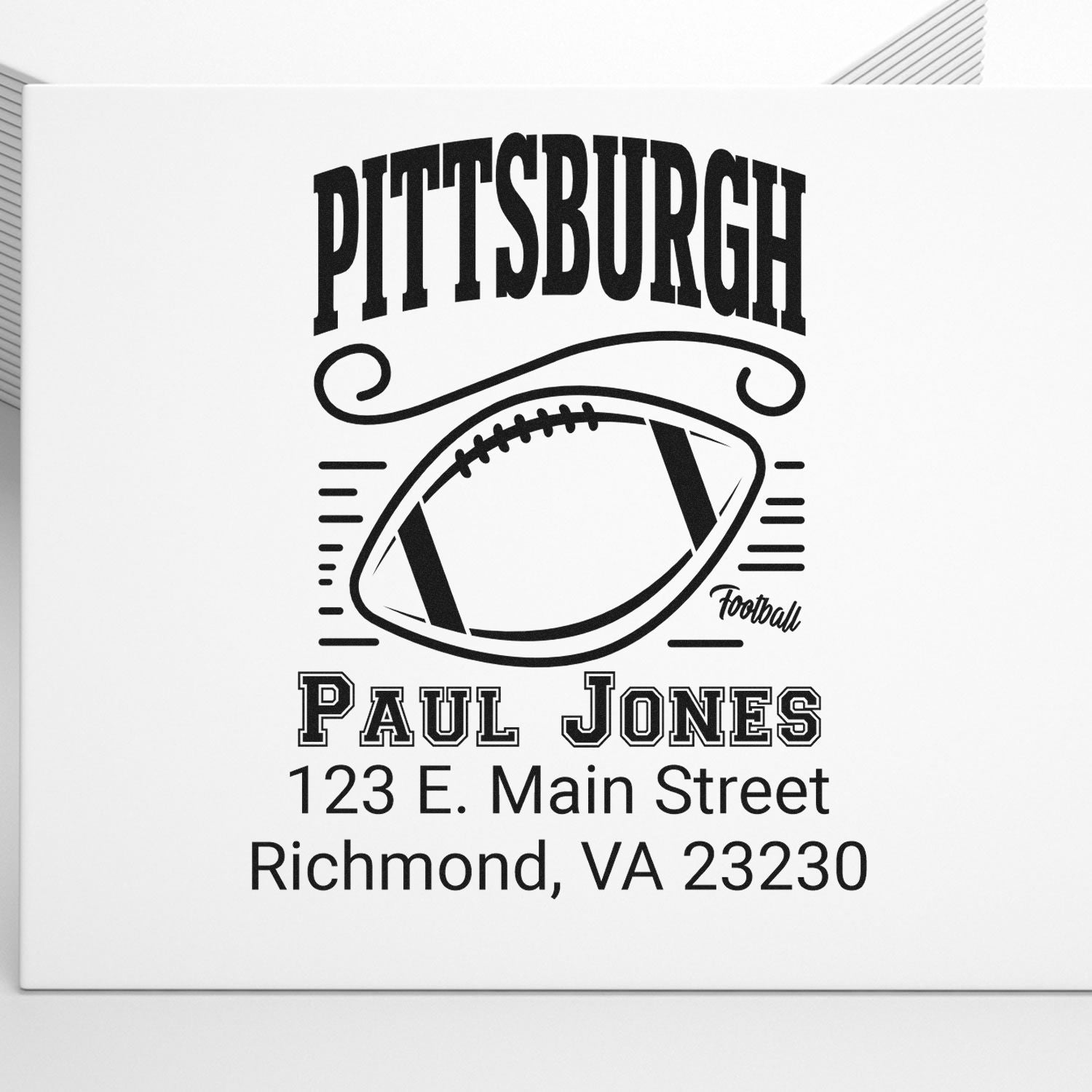 Custom Pittsburgh football rubber stamp for Paul Jones with Richmond, VA 23230 return address.