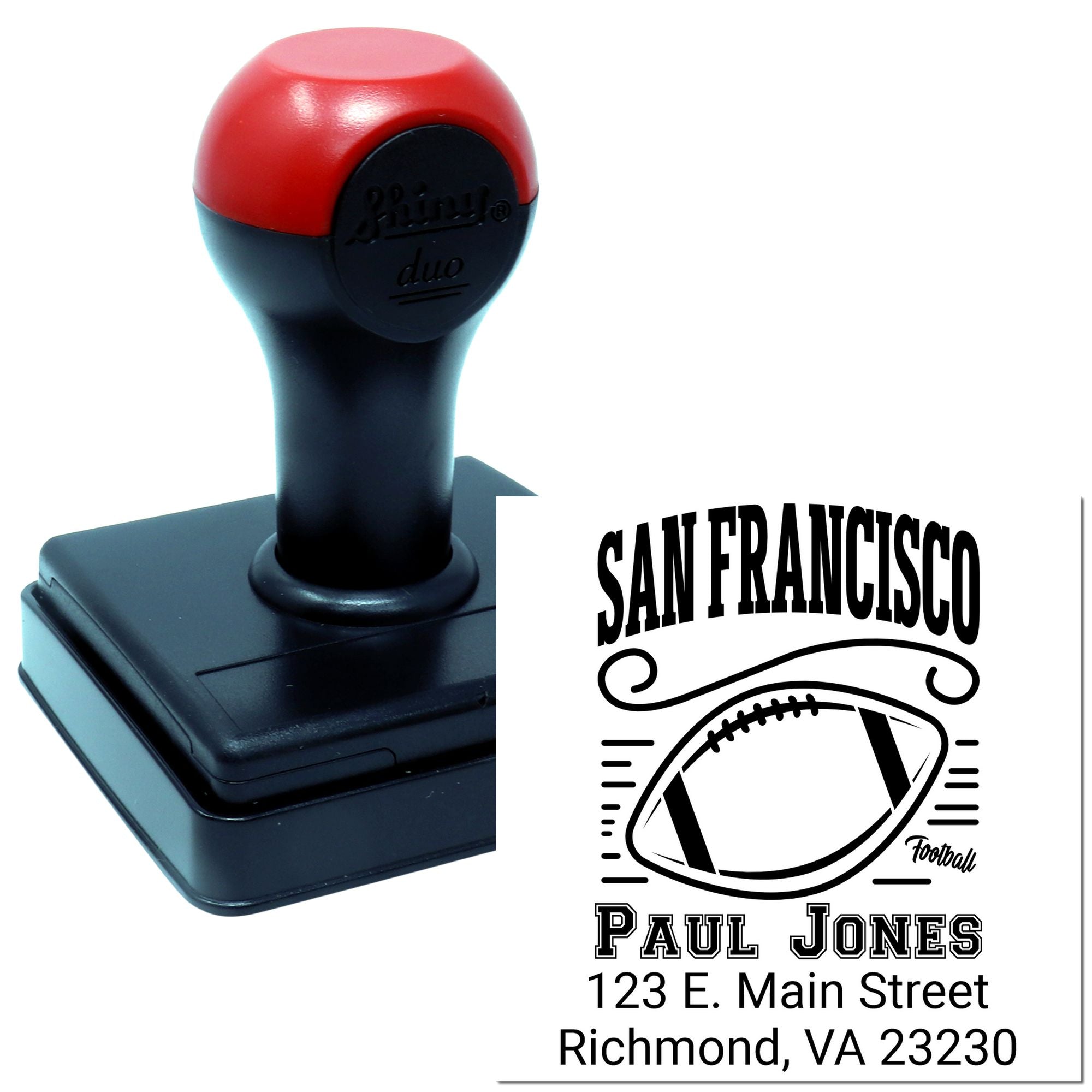 Custom self-inking rubber stamp with San Francisco football design and personalized name and address imprint.
