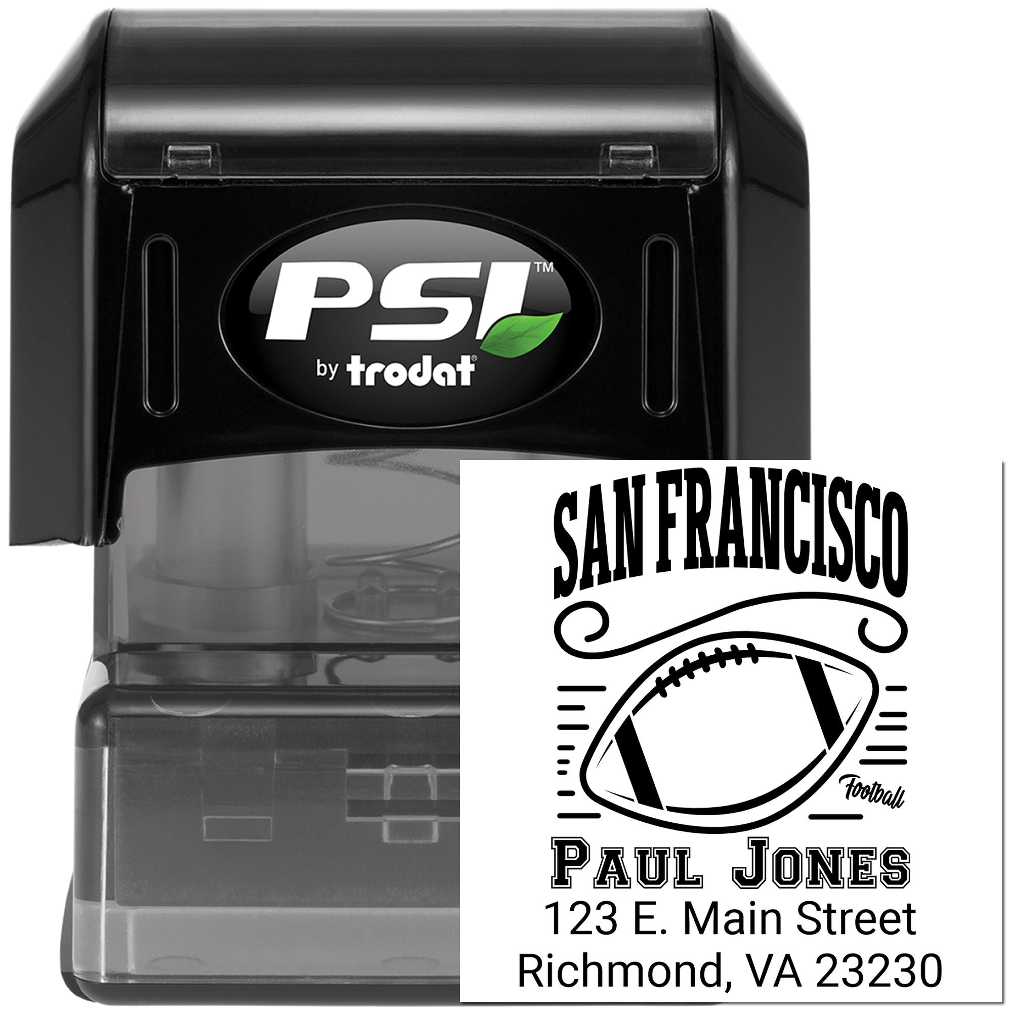 Custom self-inking rubber stamp by PSI by Trodat with San Francisco football design and personalized address imprint.
