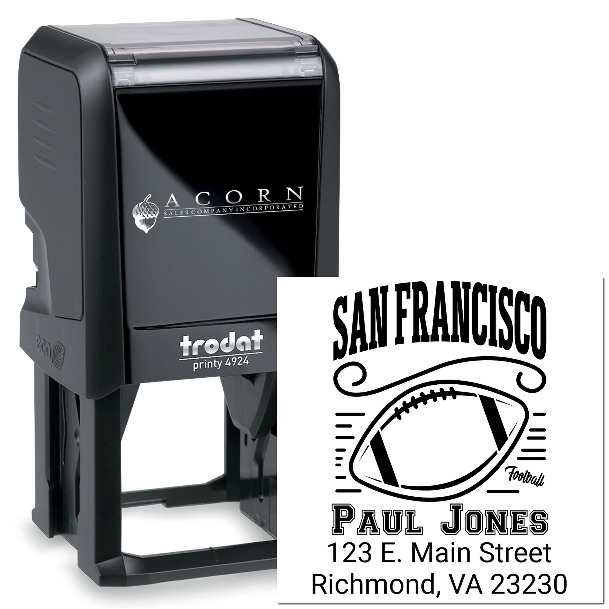 Custom Trodat Printy 4924 self-inking rubber stamp with football-themed San Francisco address design