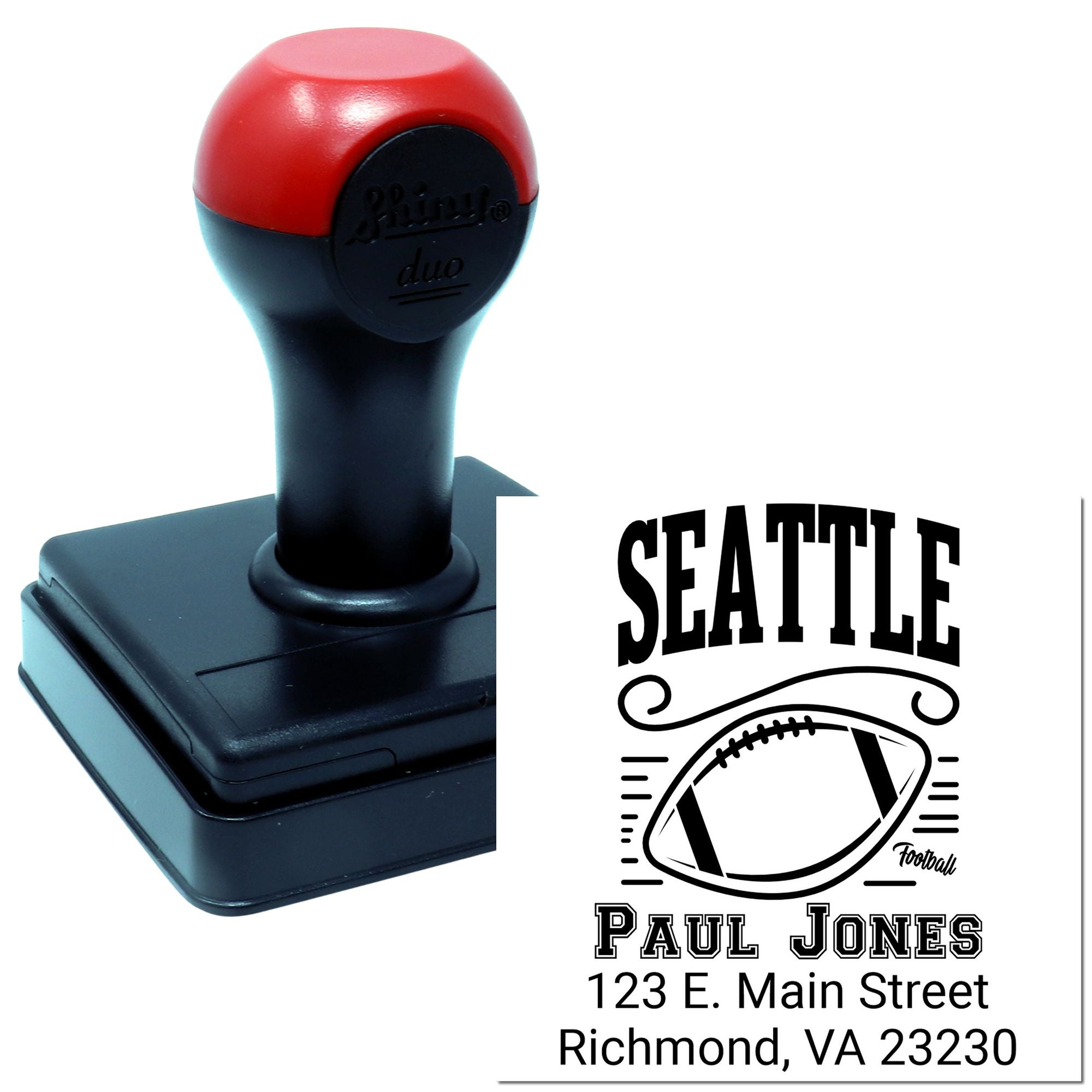 Custom self-inking rubber stamp with Seattle football return address design, personalized for Paul Jones.
