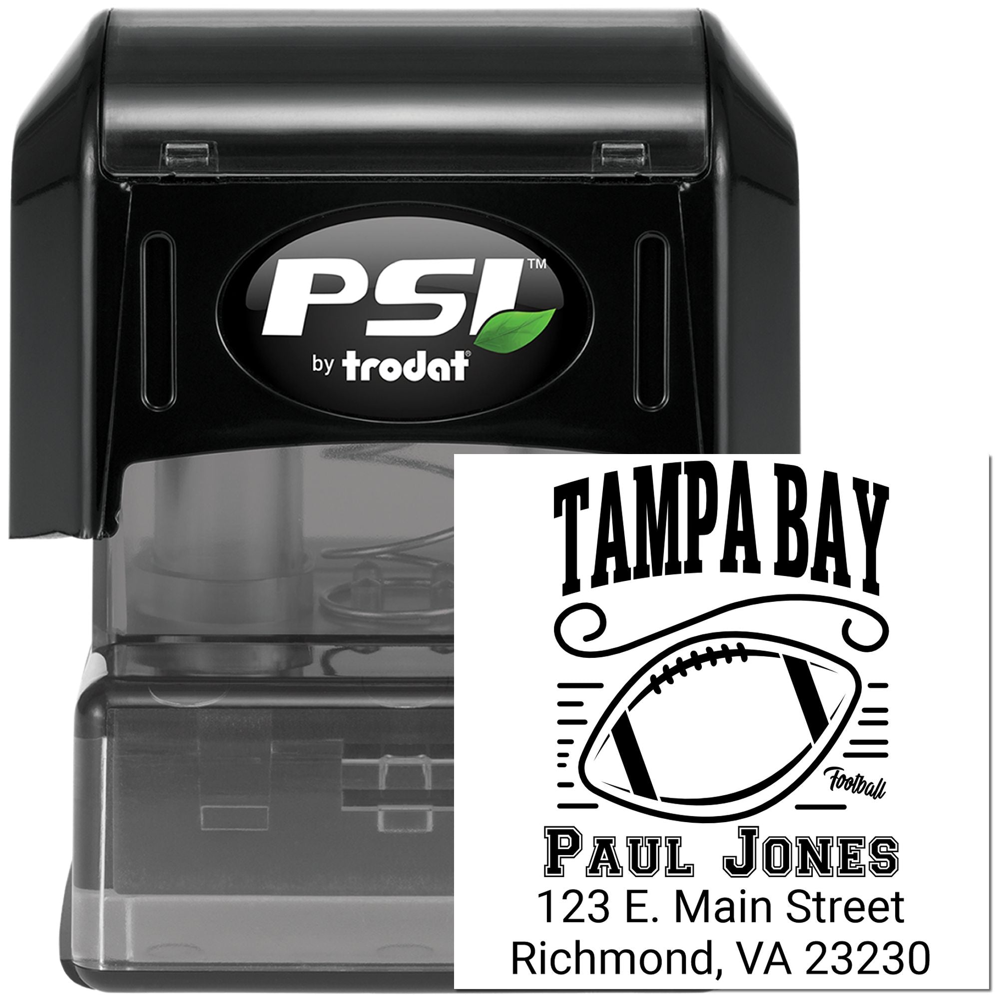 Custom self-inking rubber stamp by PSI by Trodat with Tampa Bay football design and personalized name/address imprint.