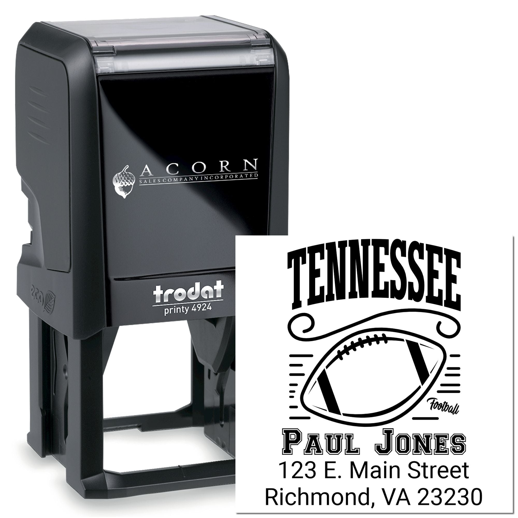 Custom self-inking rubber stamp with Tennessee football design, name, and address imprint for personalized branding.