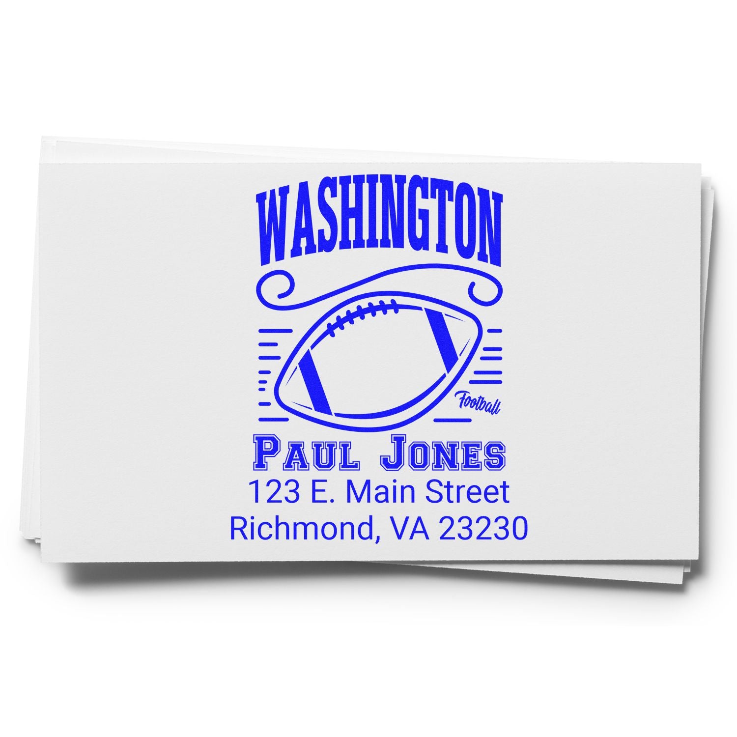 Custom Washington football rubber stamp with Paul Jones name and Richmond, VA address for team stationery and fan mail.