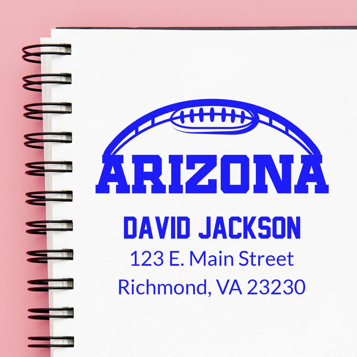 Custom Arizona return address rubber stamp with football logo, name, and mailing address for personalized mail.