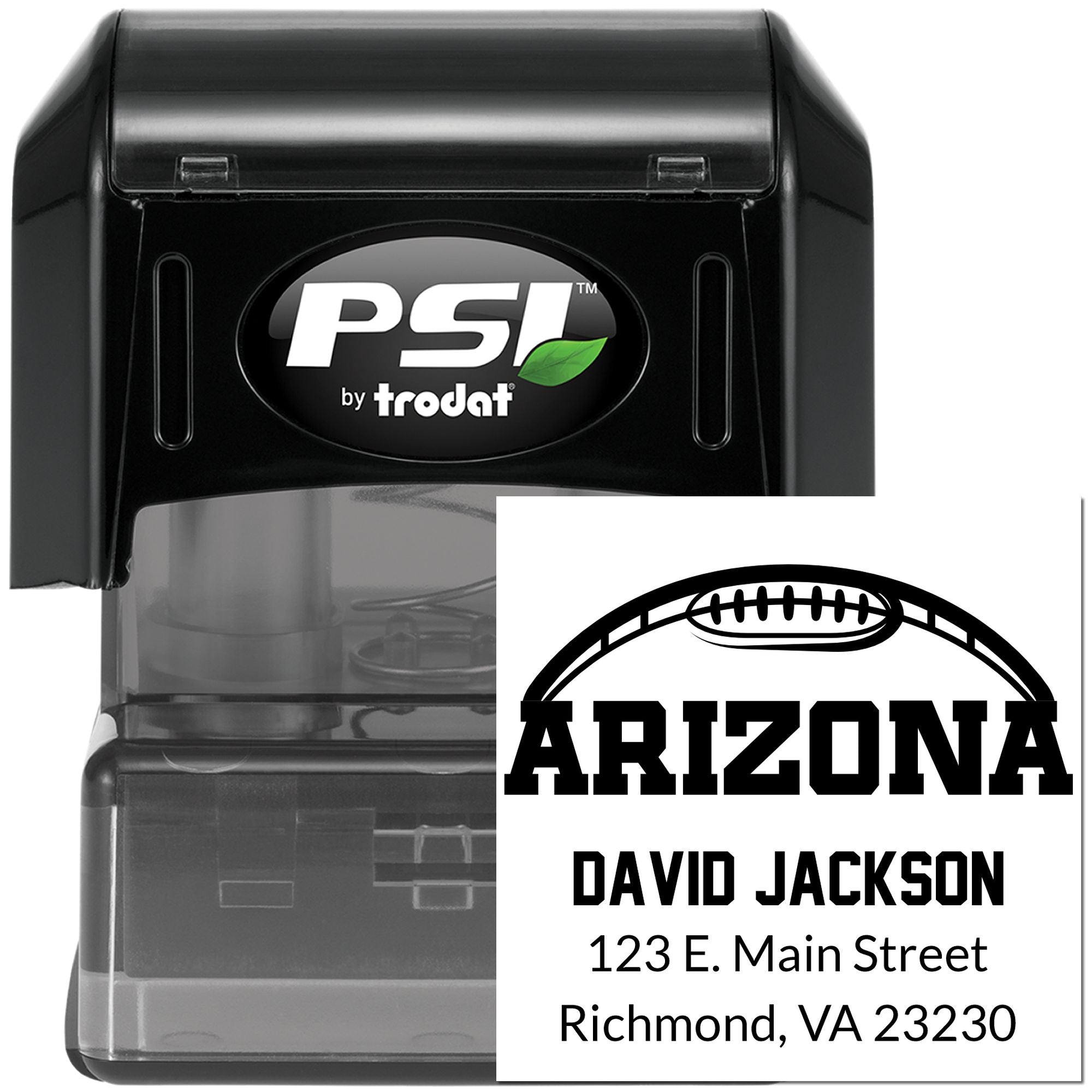 PSI by Trodat self-inking rubber stamp with custom Arizona address imprint for business mailing and return labels.